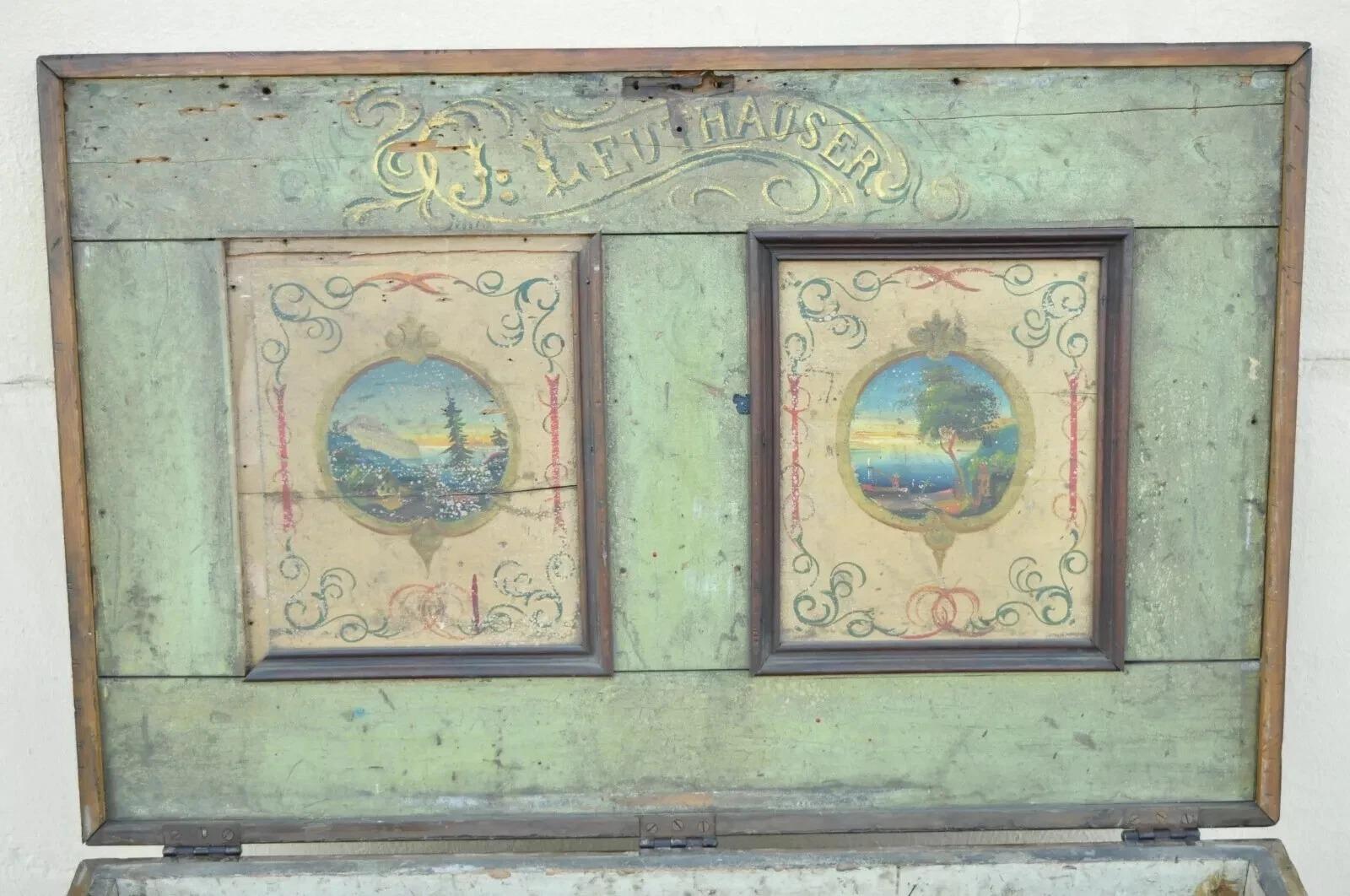 Other Antique 19th C French Hand Painted Distressed Wood Blanket Chest Dovetail Trunk For Sale