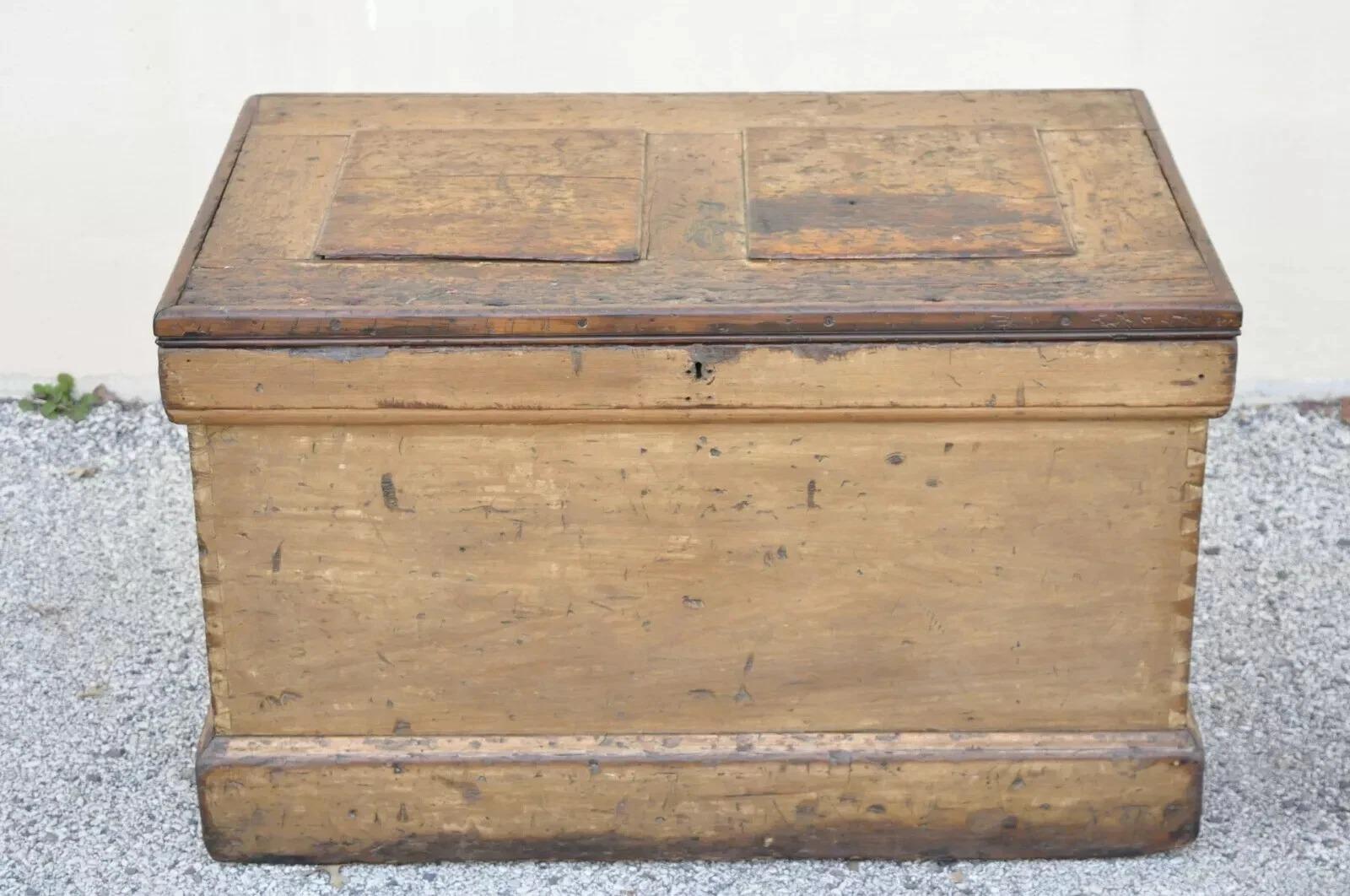 Unknown Antique 19th C French Hand Painted Distressed Wood Blanket Chest Dovetail Trunk For Sale