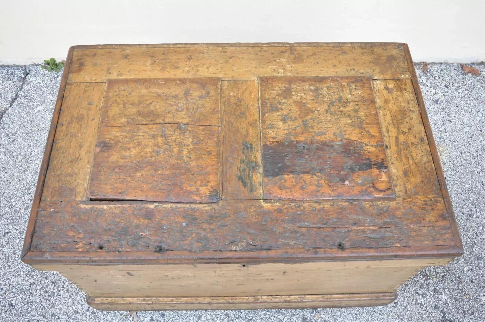 Cast Antique 19th C French Hand Painted Distressed Wood Blanket Chest Dovetail Trunk For Sale