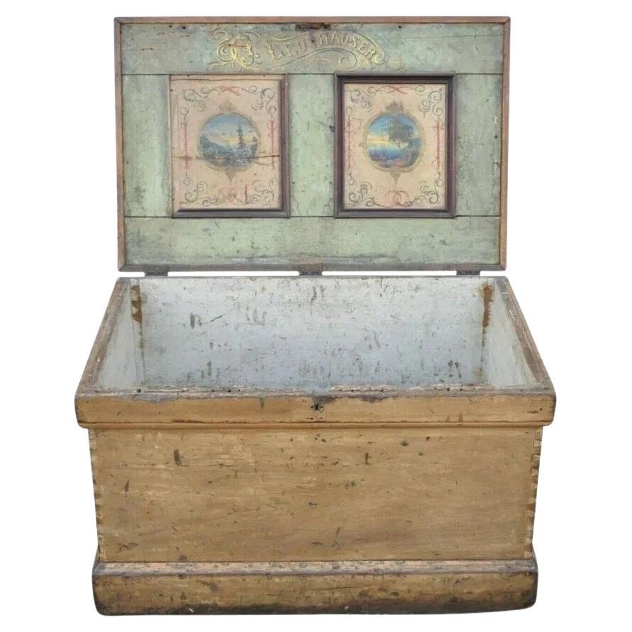 Antiquity 19th C French Hand Painted Distressed Wood Blanket Chest Dovetail Trunk