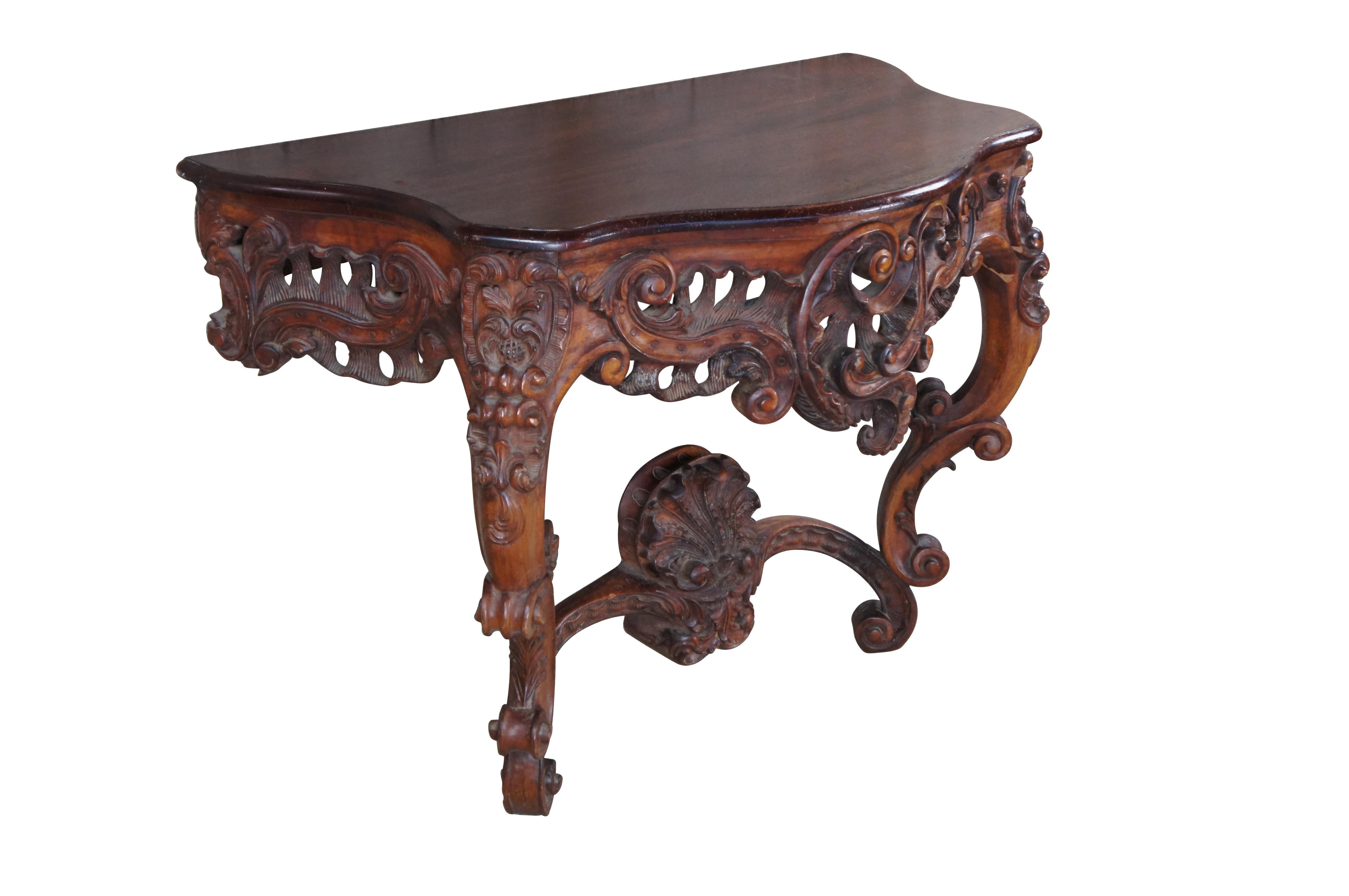Rococo Ancienne table console rococo française Louis XV du 19ème siècle en acajou sculpté et serpentin en vente