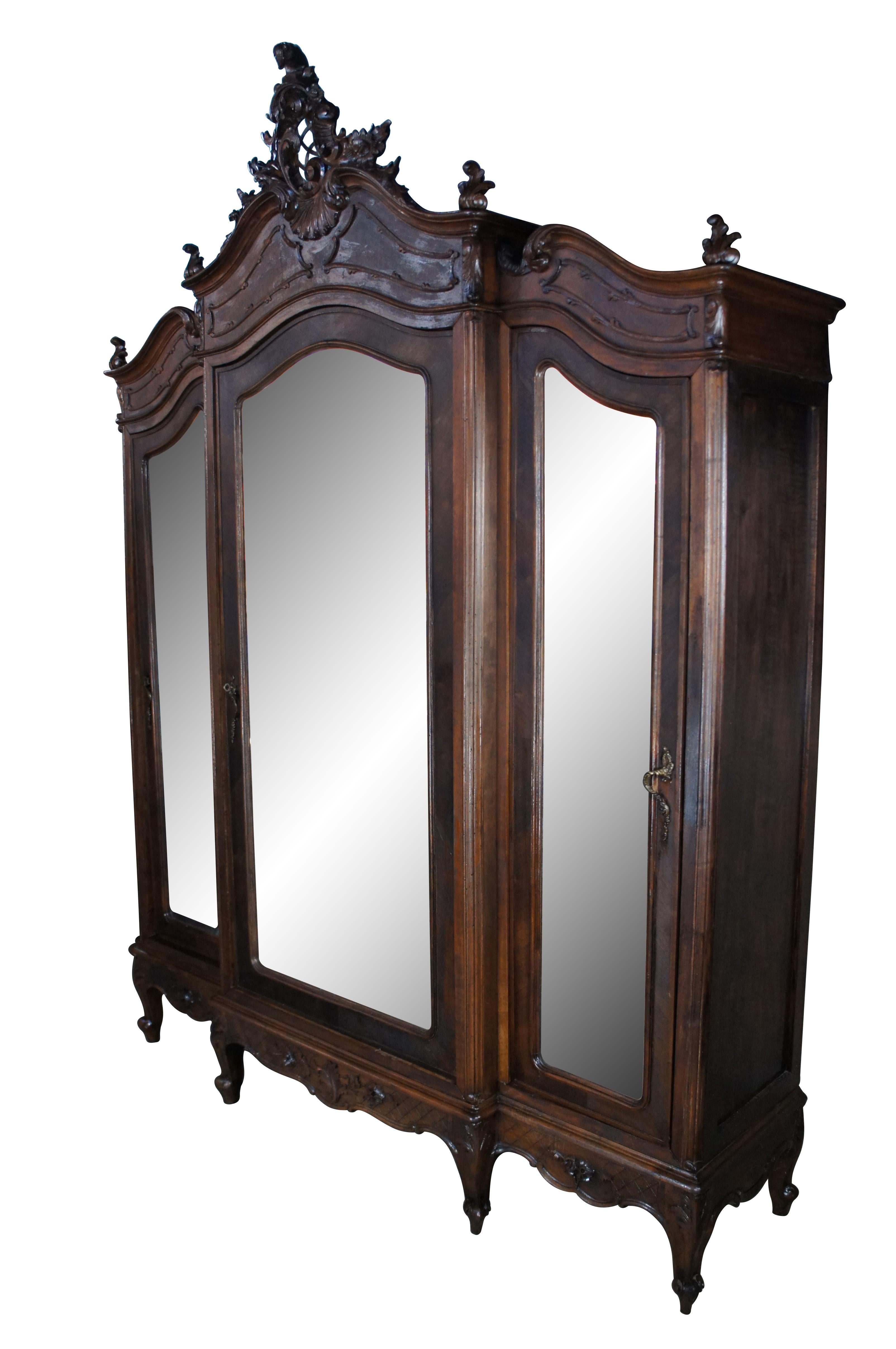 Antique 19th C. French Louis XV Walnut Carved 3 Door Mirrored Wardrobe Armoire In Fair Condition For Sale In Dayton, OH