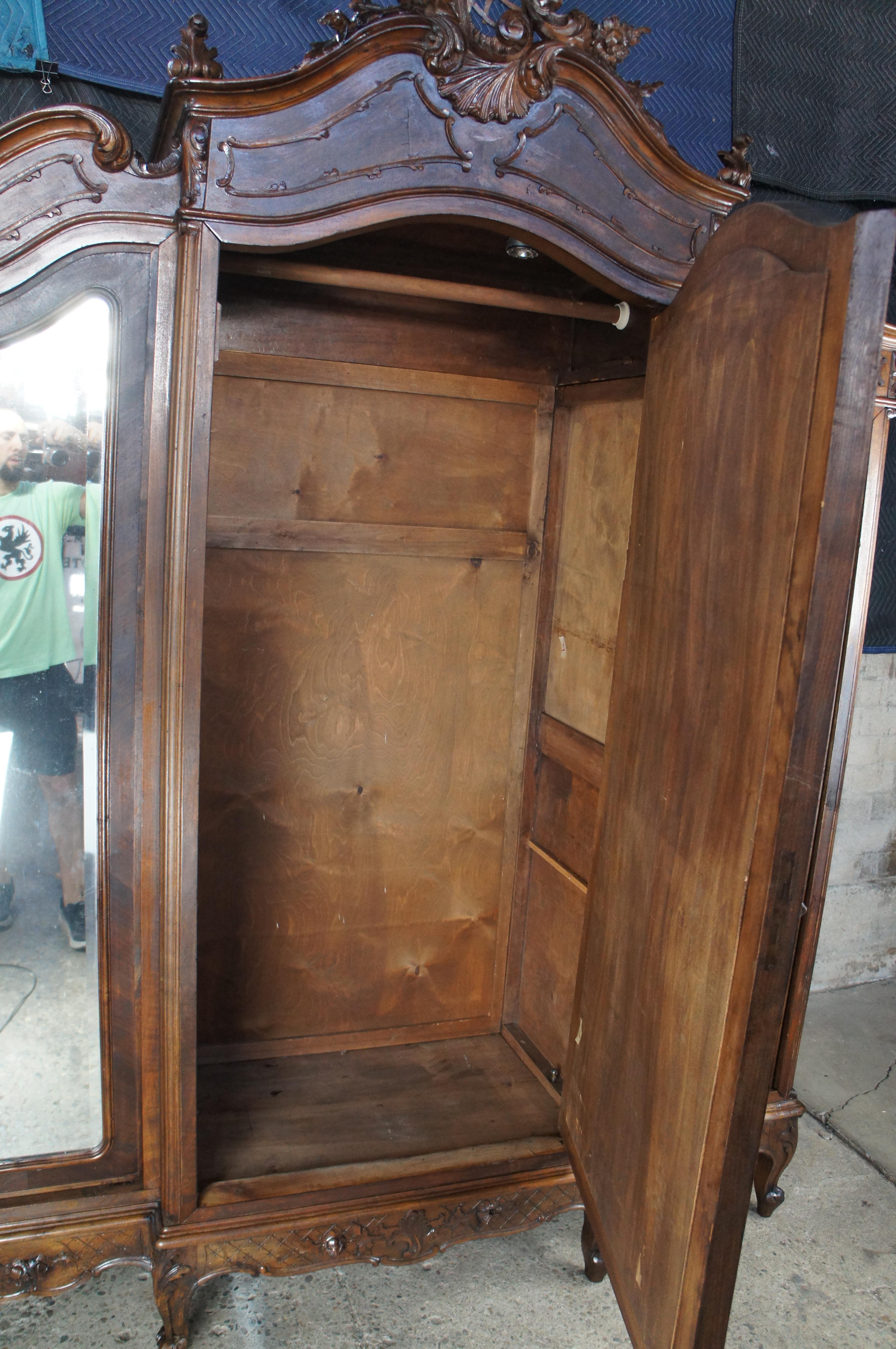 19th Century Antique 19th C. French Louis XV Walnut Carved 3 Door Mirrored Wardrobe Armoire For Sale