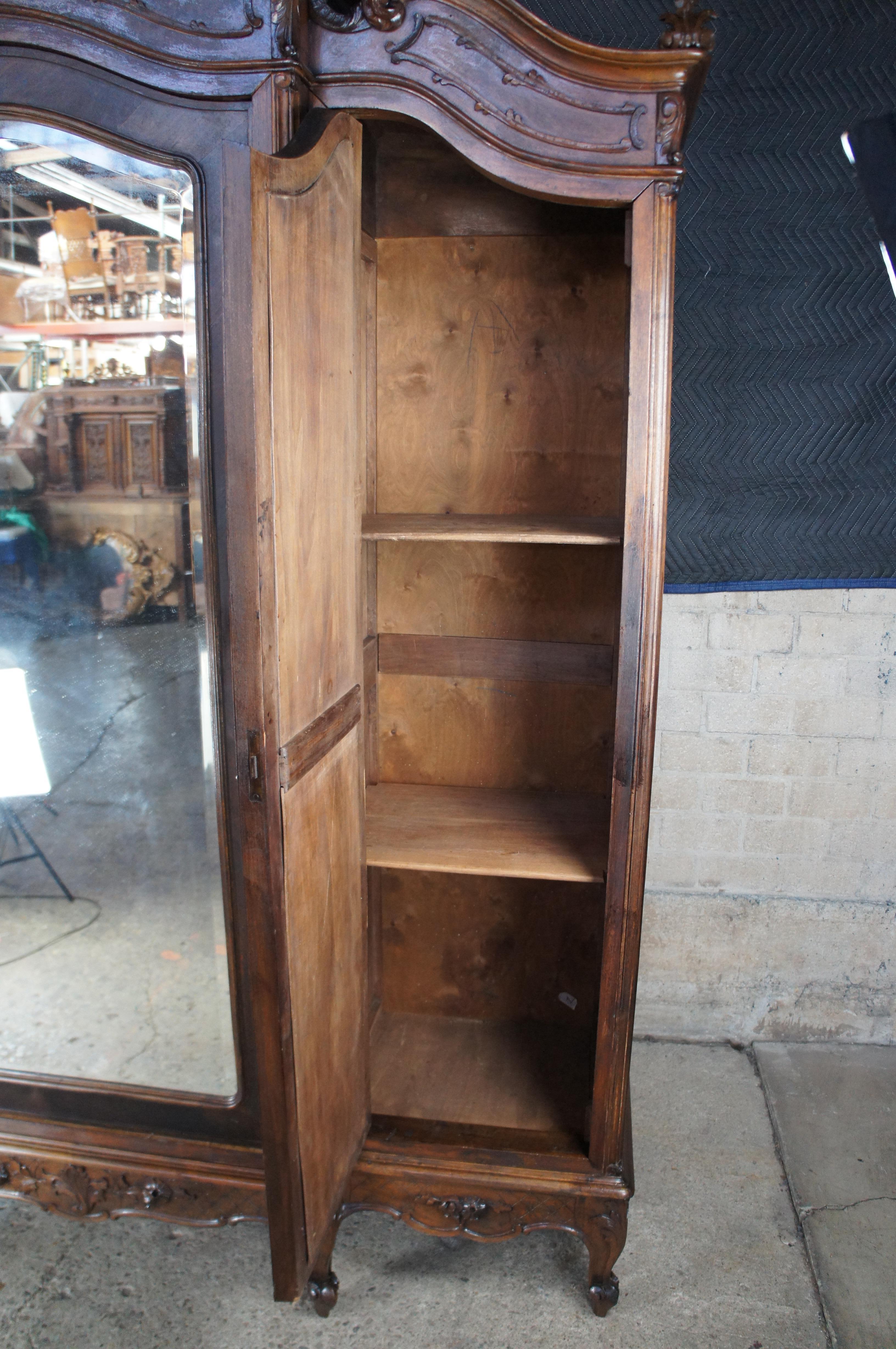Antique 19th C. French Louis XV Walnut Carved 3 Door Mirrored Wardrobe Armoire For Sale 1