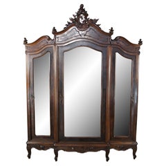 Antique 19th C. French Louis XV Walnut Carved 3 Door Mirrored Wardrobe Armoire