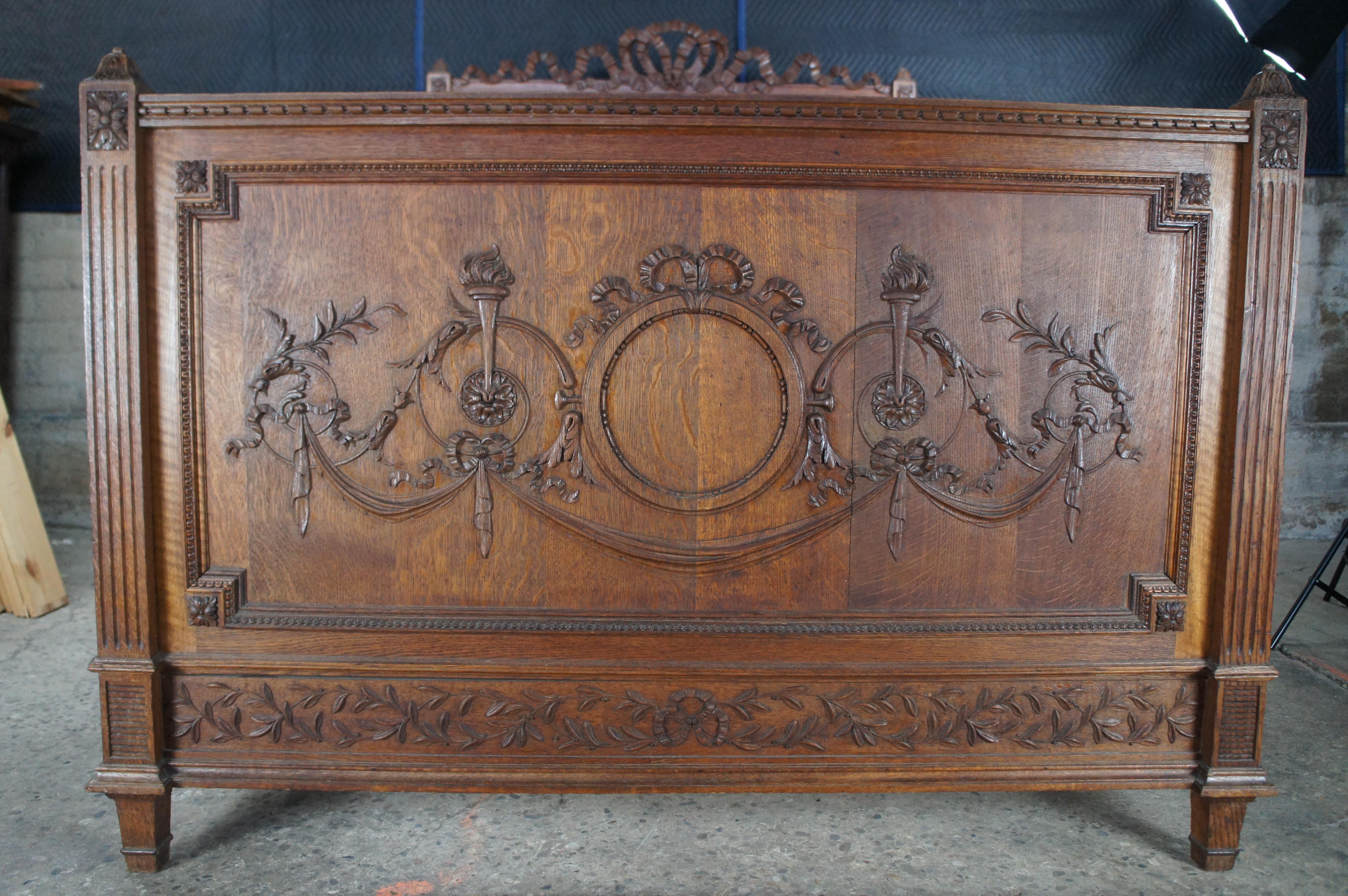 Antique 19th C. French Louis XVI Neoclassical Oak Ribbon Carved Full Size Bed For Sale 1