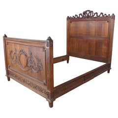 Antique 19th C. French Louis XVI Neoclassical Oak Ribbon Carved Full Size Bed