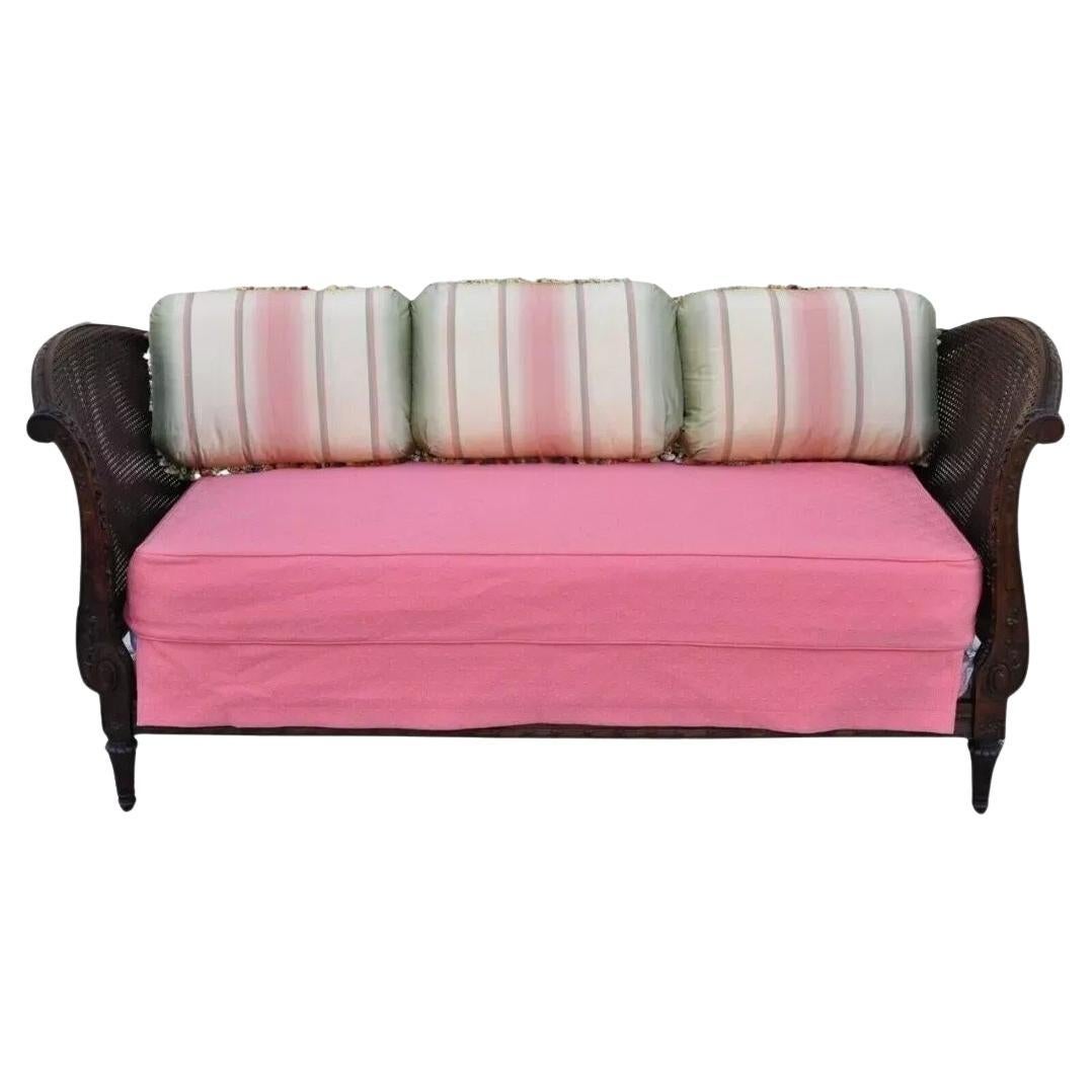 Antique 19th C. French Louis XVI Style Carved Walnut & Cane Pink Daybed Sofa