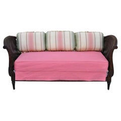 Antique 19th C. French Louis XVI Style Carved Walnut & Cane Pink Daybed Sofa