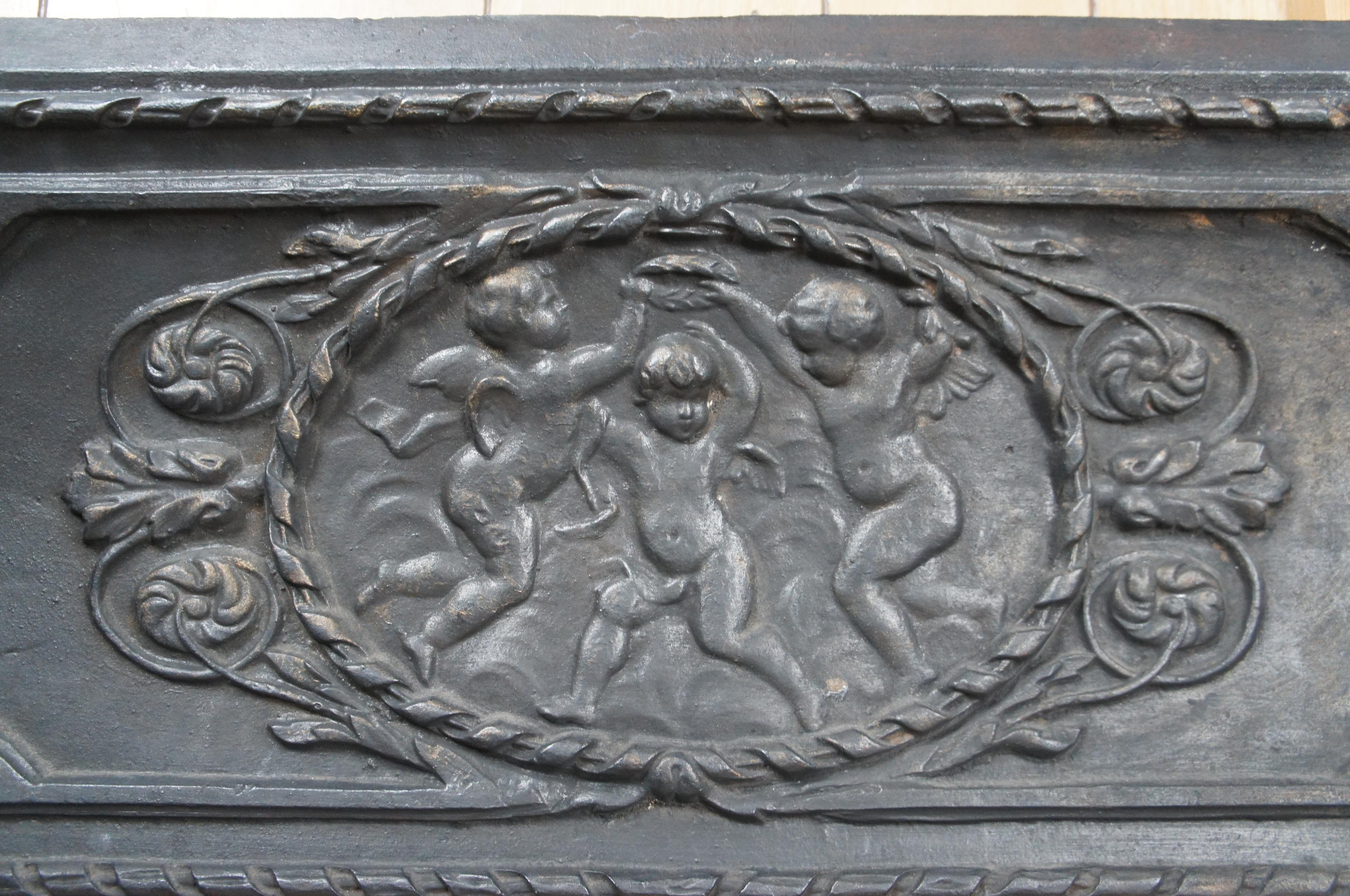 Antique 19th C French Louis XVI Style Cast Iron Fireplace Insert Surround Cherub 7