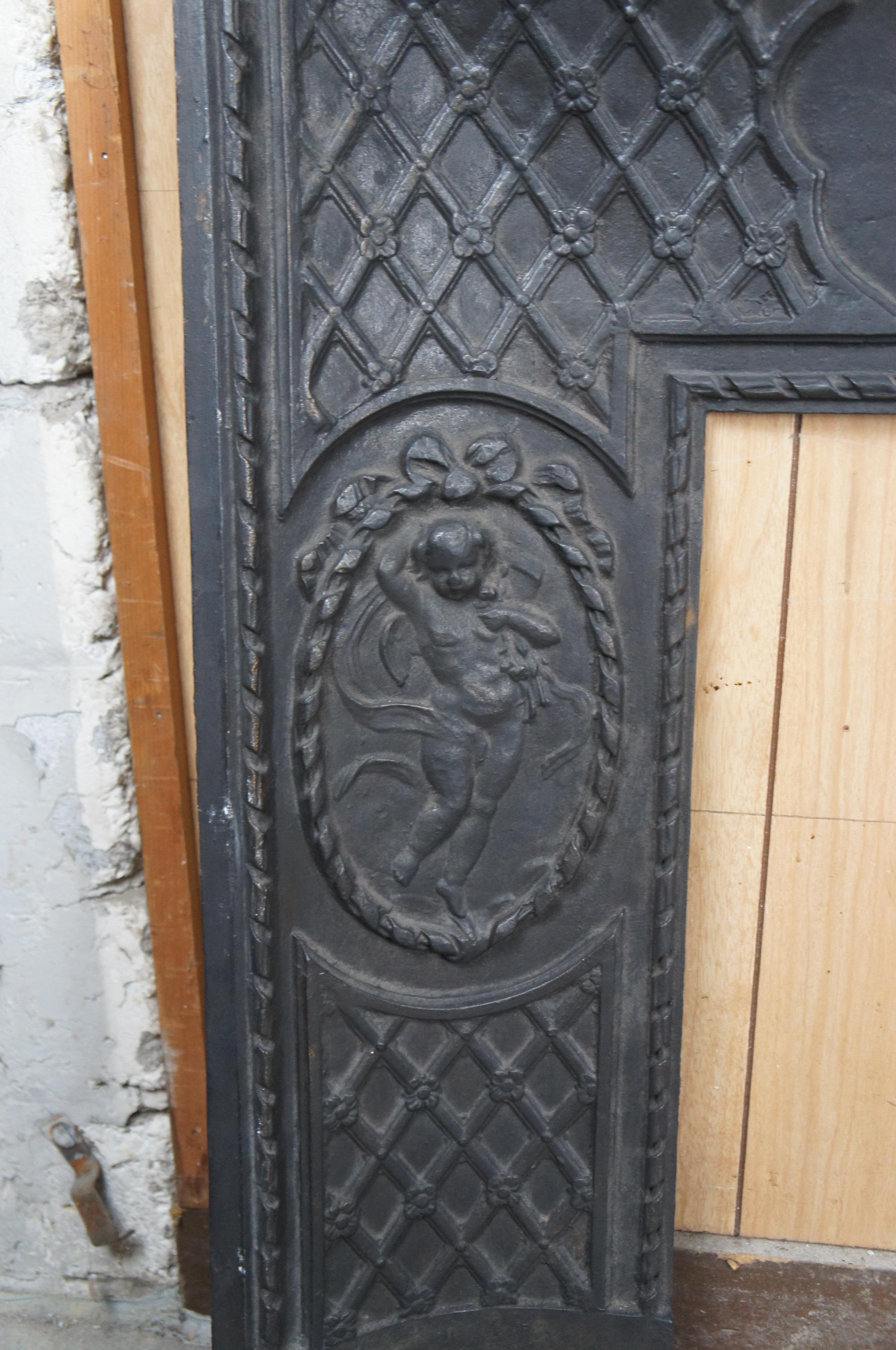 Antique 19th C French Louis XVI Style Cast Iron Fireplace Insert Surround Cherub 1