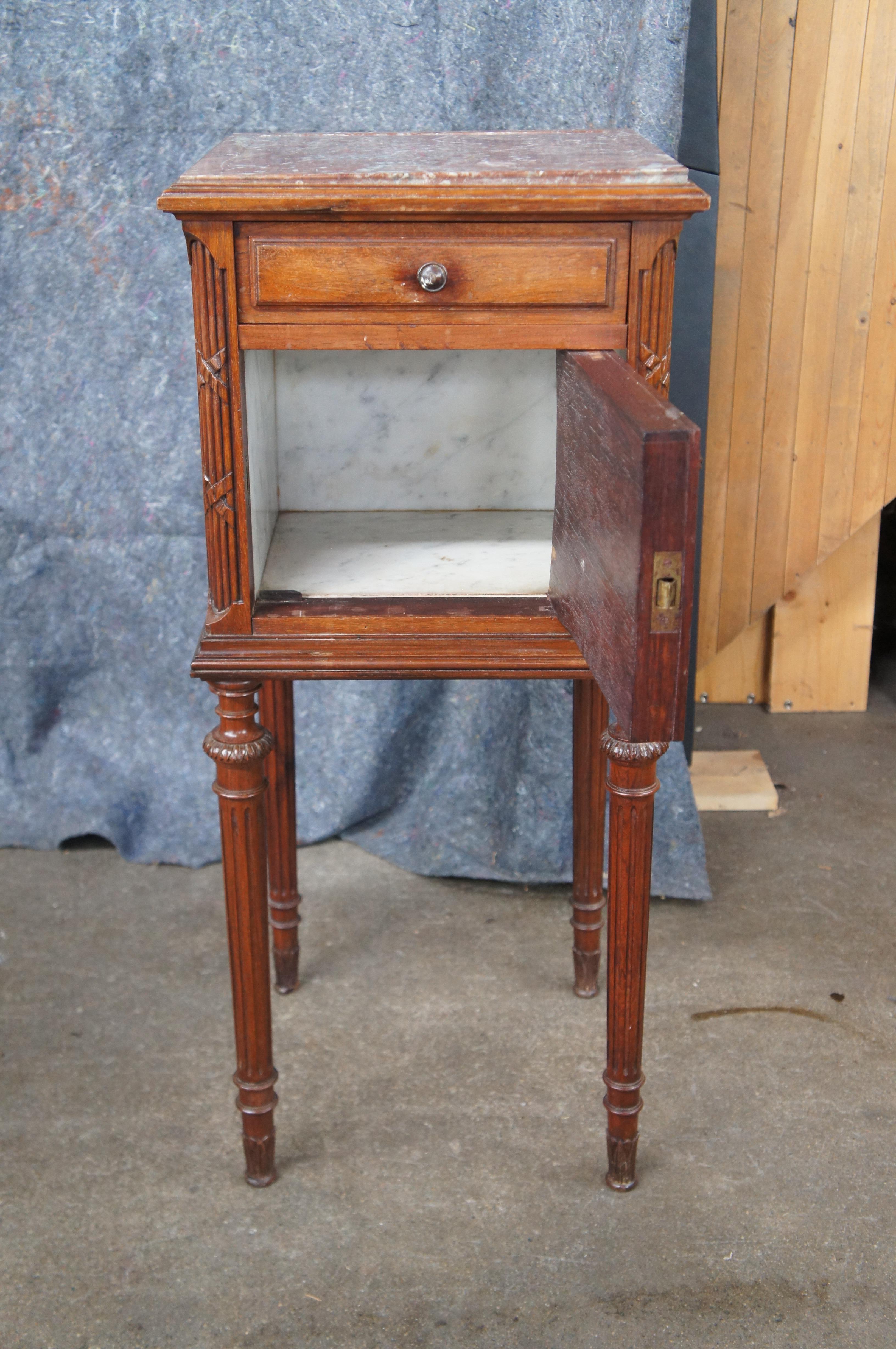 Marble Antique 19th C. French Louis XVI Walnut Bedside Cabinet Nightstand End Table
