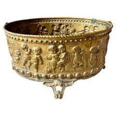Antique 19th C French Monumental Gilt Brass Jardiniere Repousse Cherubs