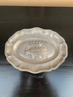 Antique 19th C. French Provincial Louis X11 Crowned Porcupine Pewter Wall Plate