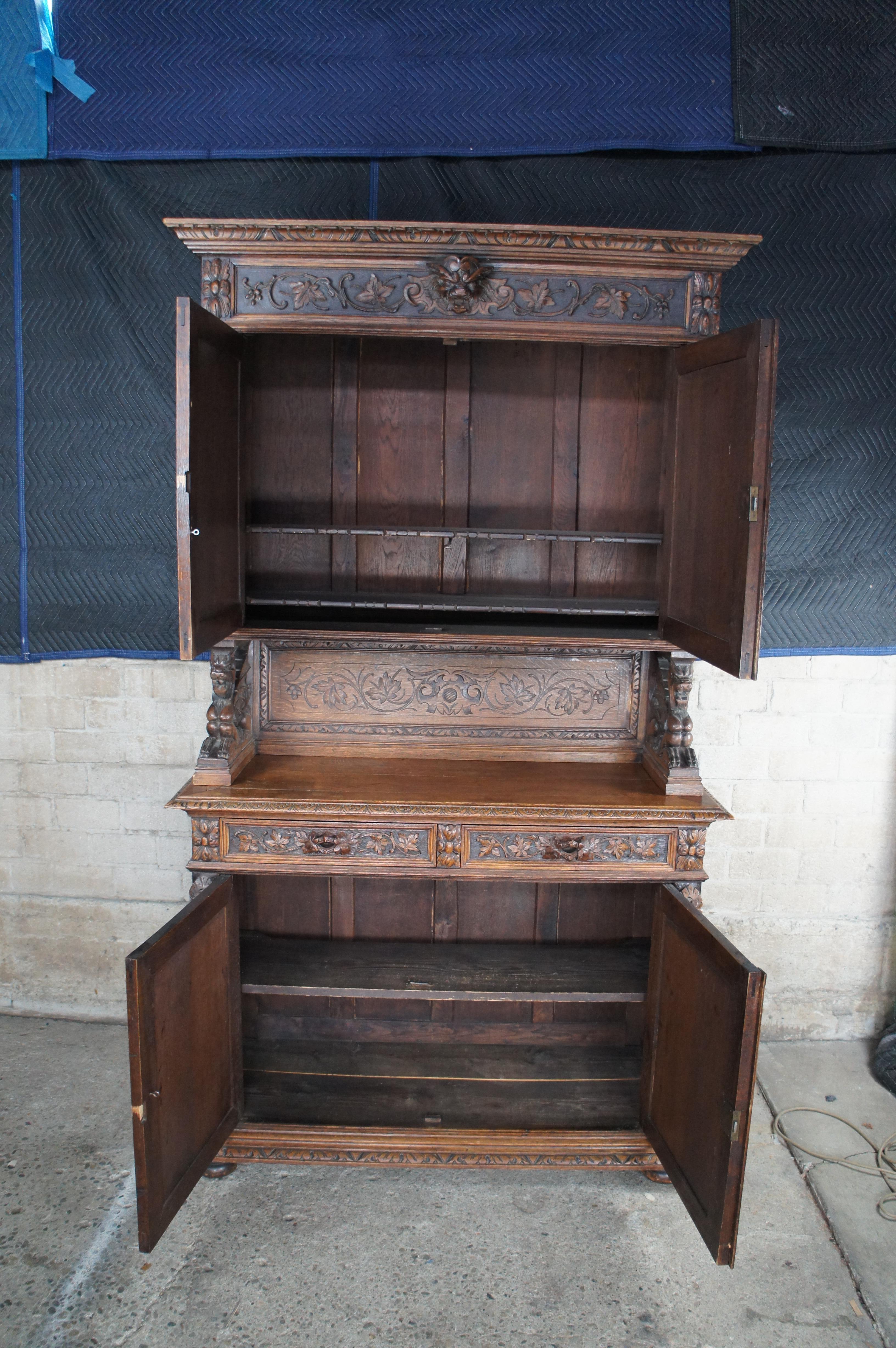 Antique 19th C French Renaissance Revival Carved Oak Hunt Cabinet Hutch Cupboard For Sale 8