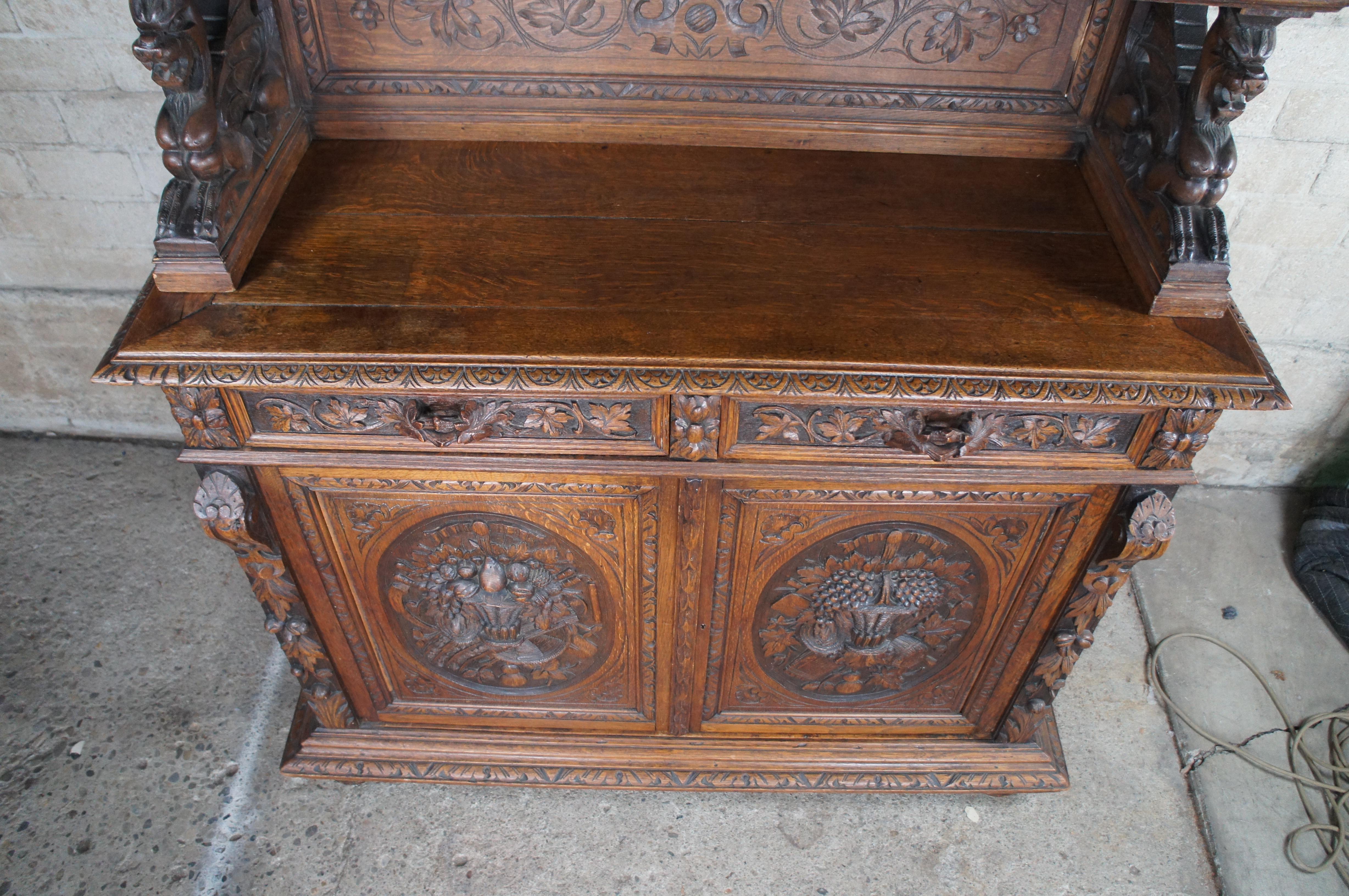 19th Century Antique 19th C French Renaissance Revival Carved Oak Hunt Cabinet Hutch Cupboard For Sale