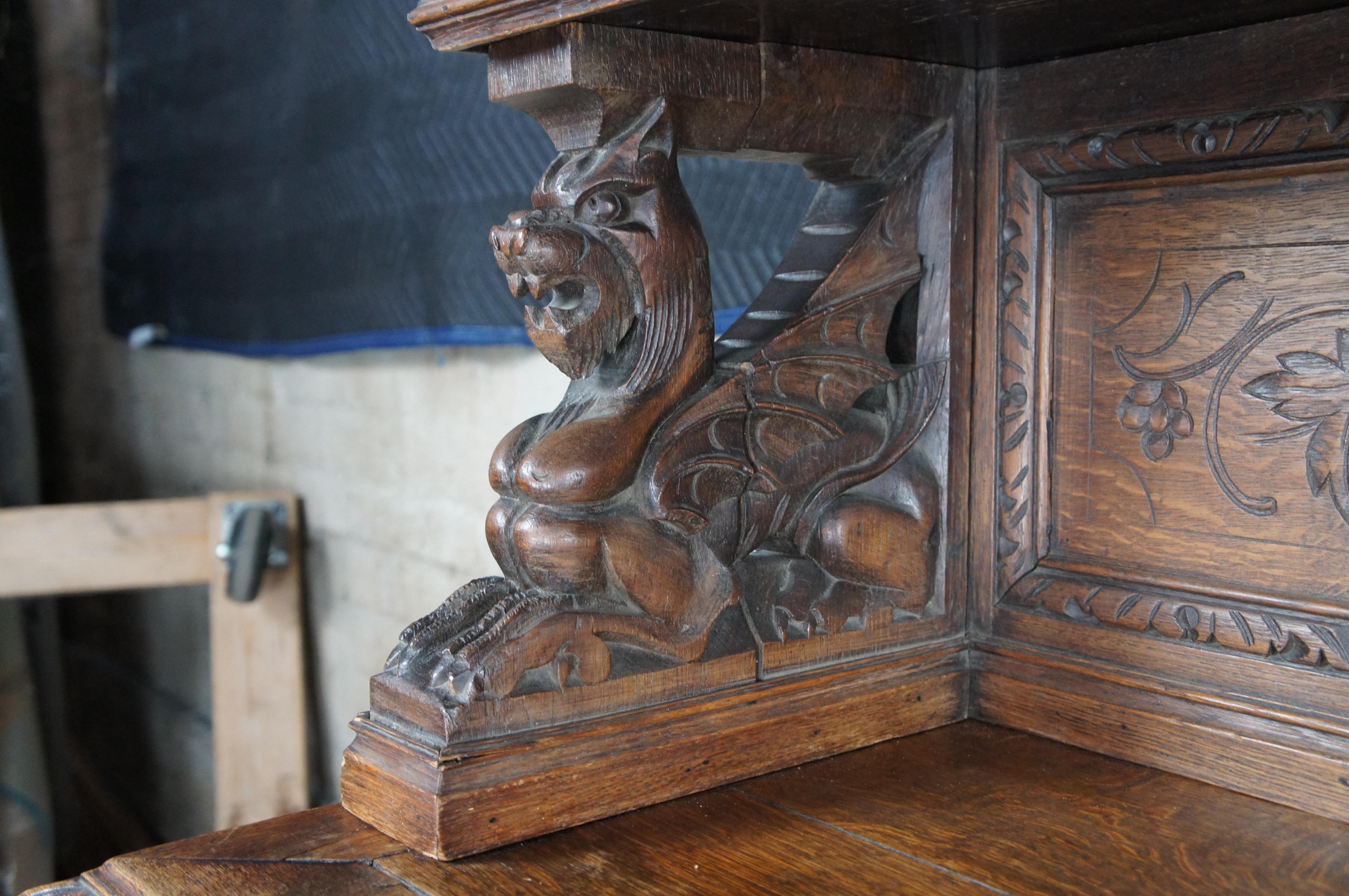 Antique 19th C French Renaissance Revival Carved Oak Hunt Cabinet Hutch Cupboard 1