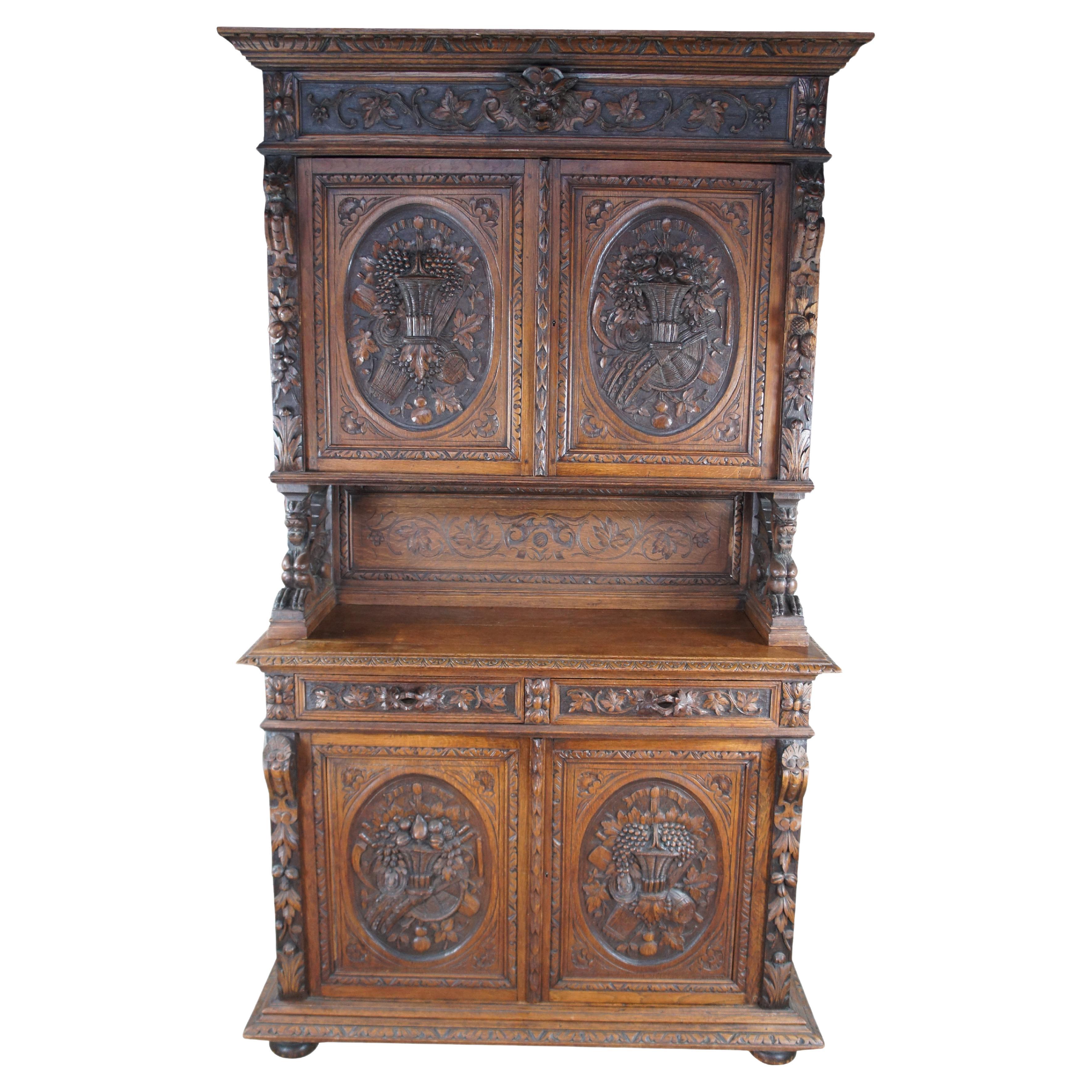 Antique 19th C French Renaissance Revival Hunt Cabinet Hutch Cupboard Eiche geschnitzt im Angebot