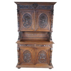 Used 19th C French Renaissance Revival Carved Oak Hunt Cabinet Hutch Cupboard