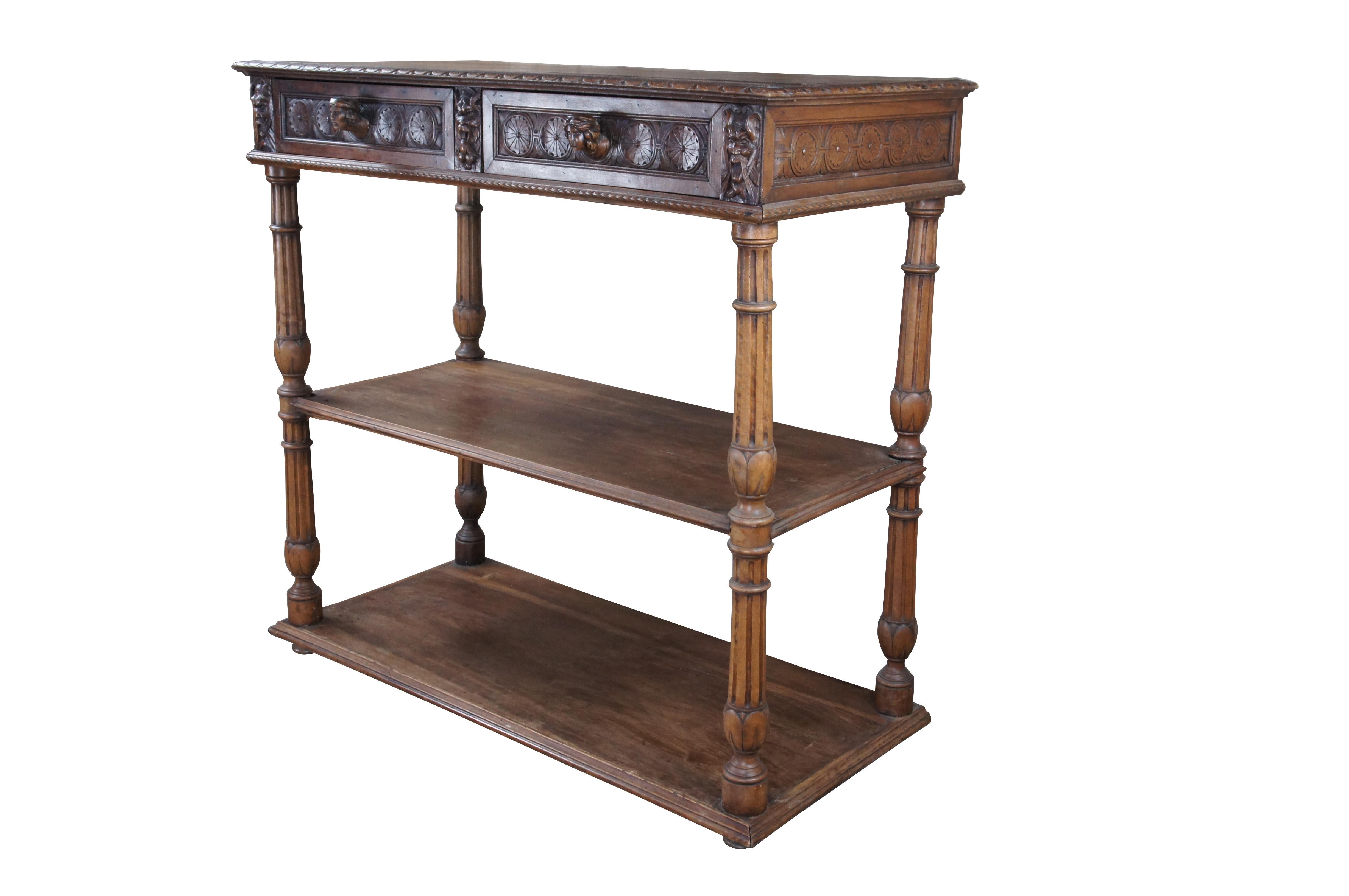 Late 19th Century French Renaissance Revival Buffet, Server or Sideboard. Originally called a Desserte, and used to display desserts. Features a rectangular tiered frame crafted from walnut. The upper surface showcases a bevel trimmed edge with egg