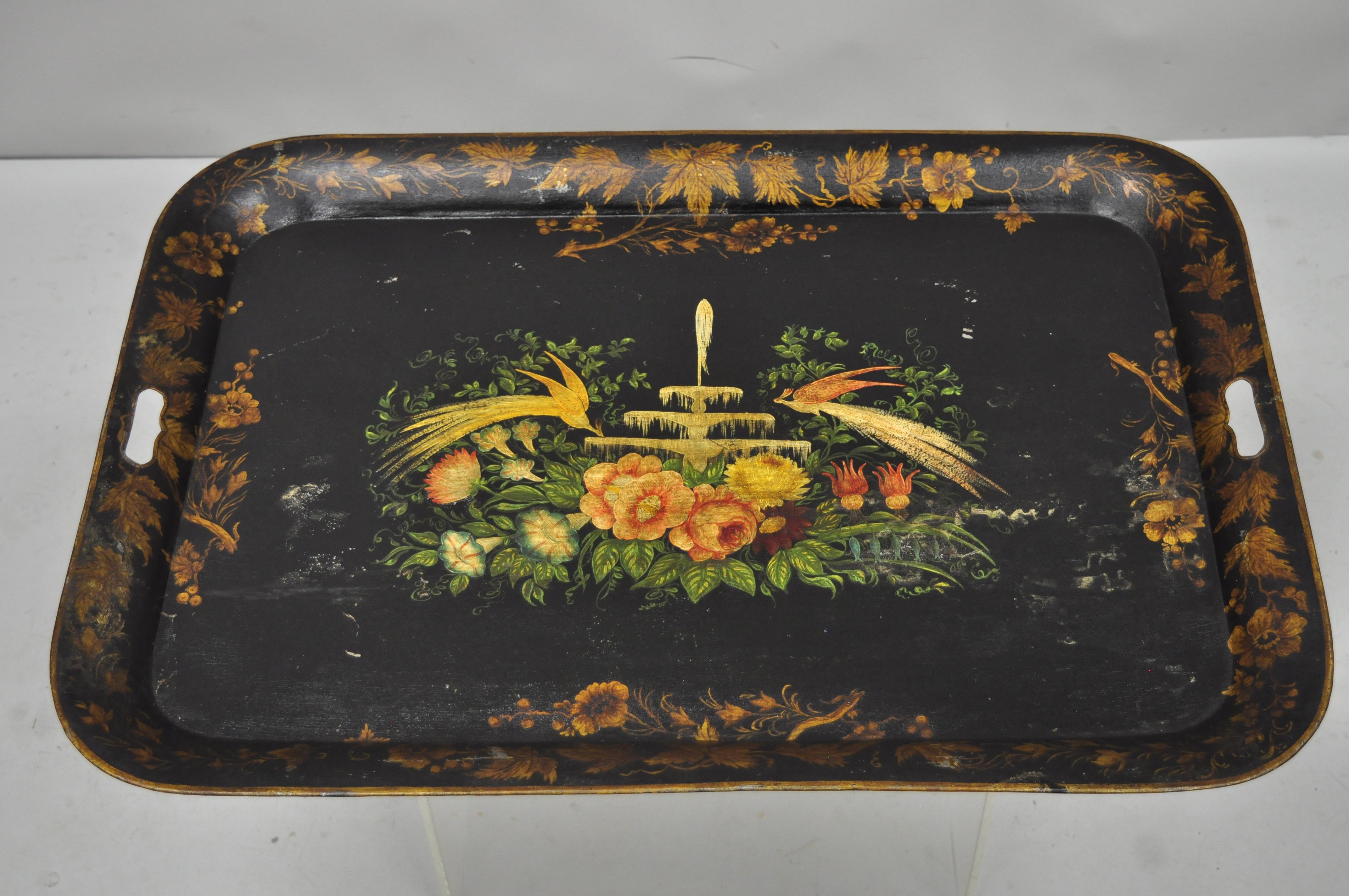 Antique 19th century French Victorian hand painted birds tole metal toleware tray. Item features original hand painted finish, remarkable age and patina, twin handle cut-outs, very impressive antique tray, circa 19th century. Measurements: 1.5