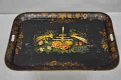 Antique French Victorian Hand Painted Birds Tole Metal Toleware Tray