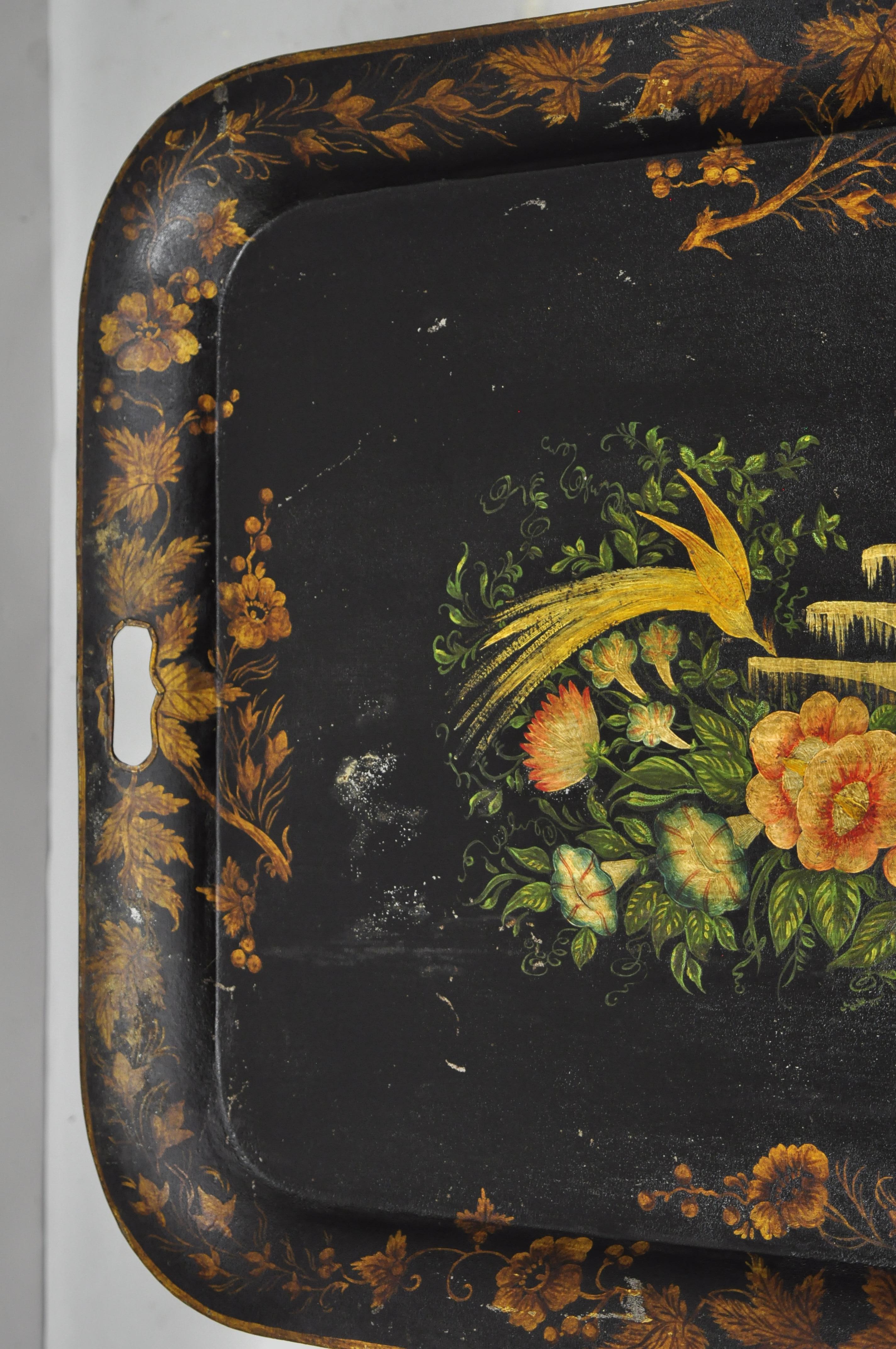 Antique French Victorian Hand Painted Birds Tole Metal Toleware Tray In Good Condition In Philadelphia, PA