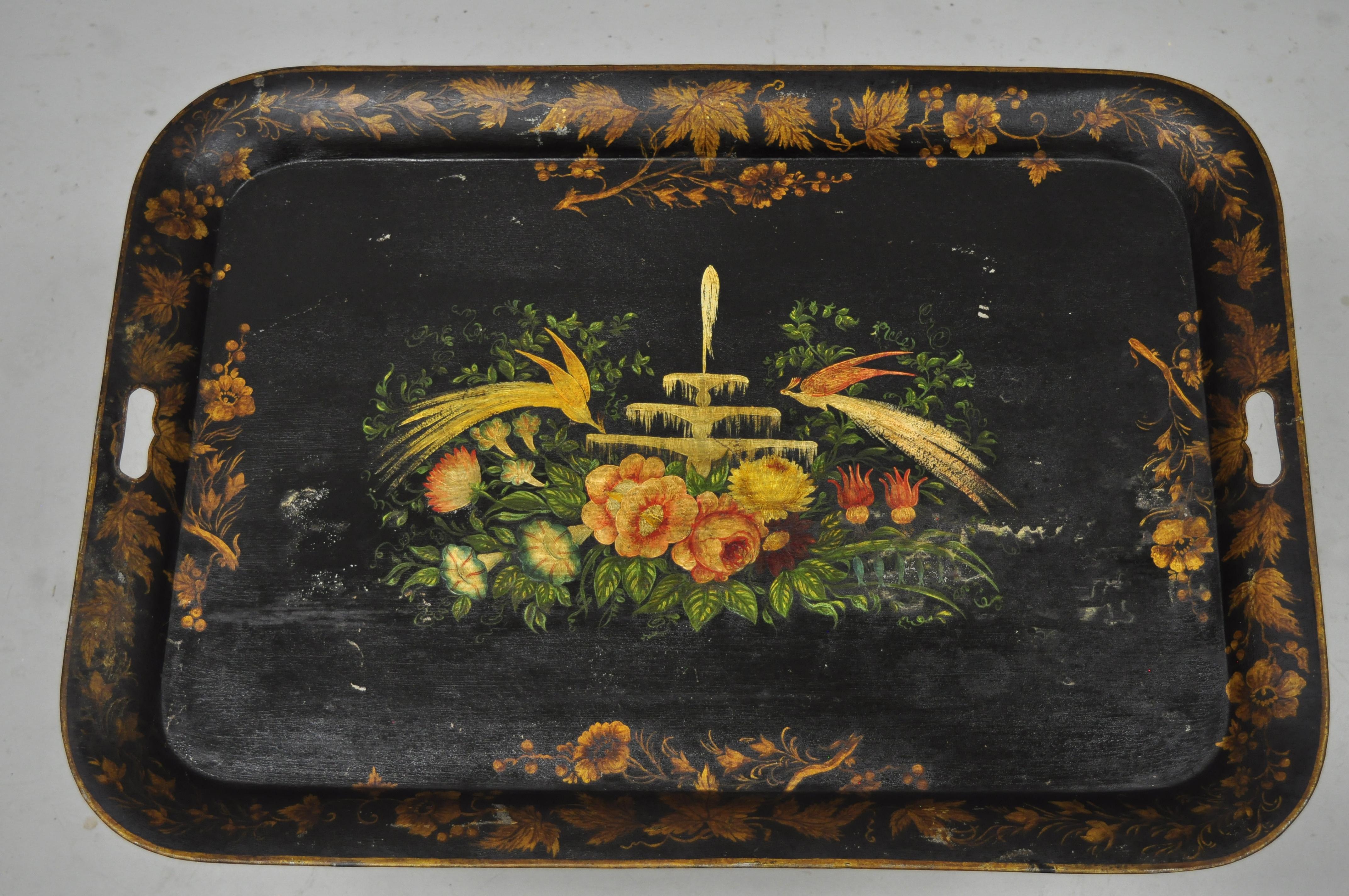 Antique French Victorian Hand Painted Birds Tole Metal Toleware Tray 5