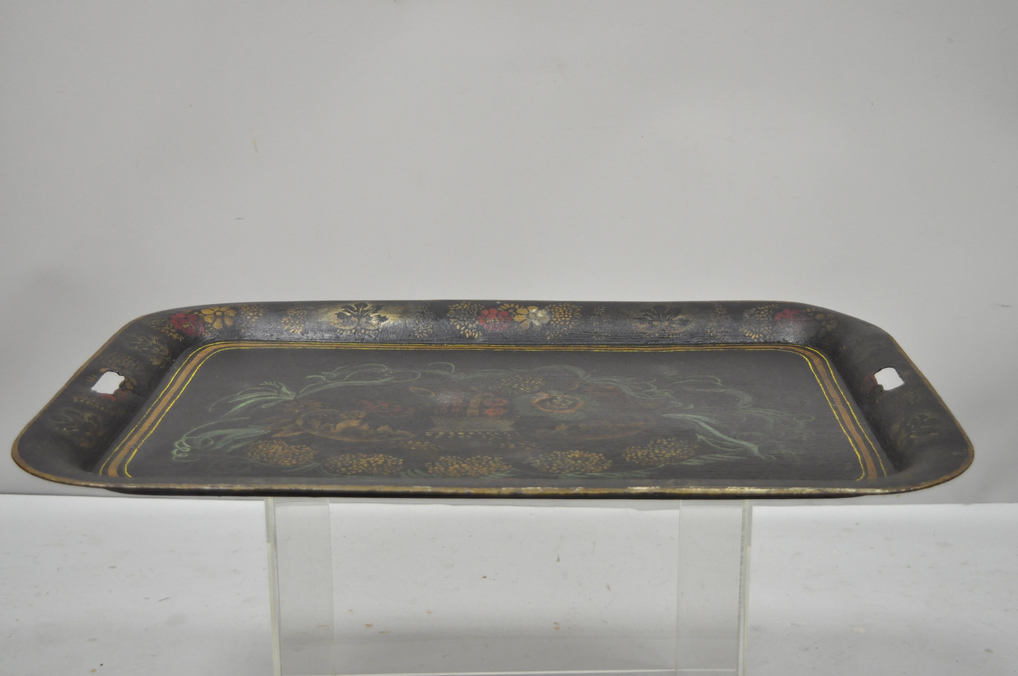 Antique 19th C French Victorian Hand Painted Flowers Tole Metal Toleware Tray 5