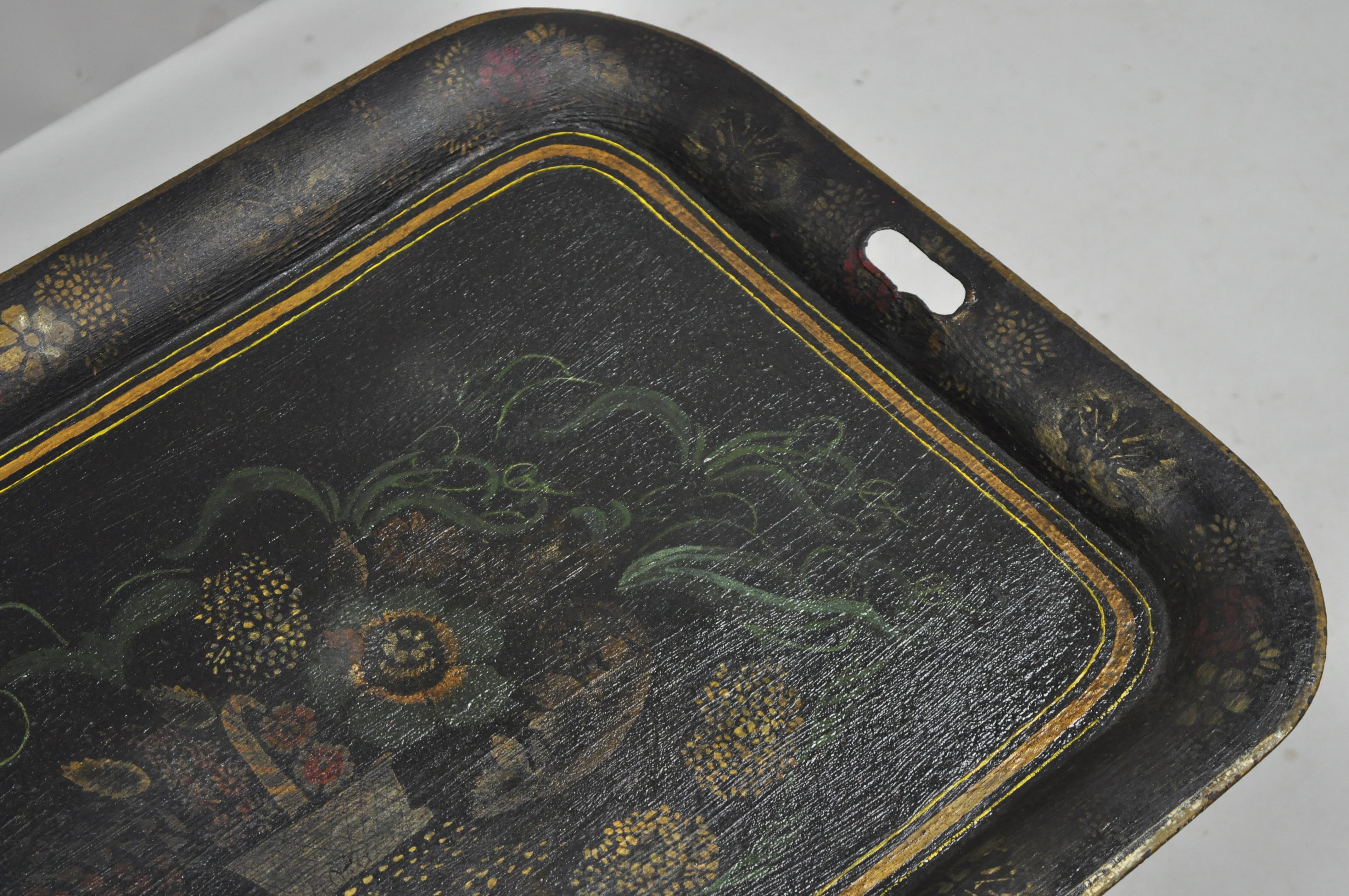 Antique 19th C French Victorian Hand Painted Flowers Tole Metal Toleware Tray 2
