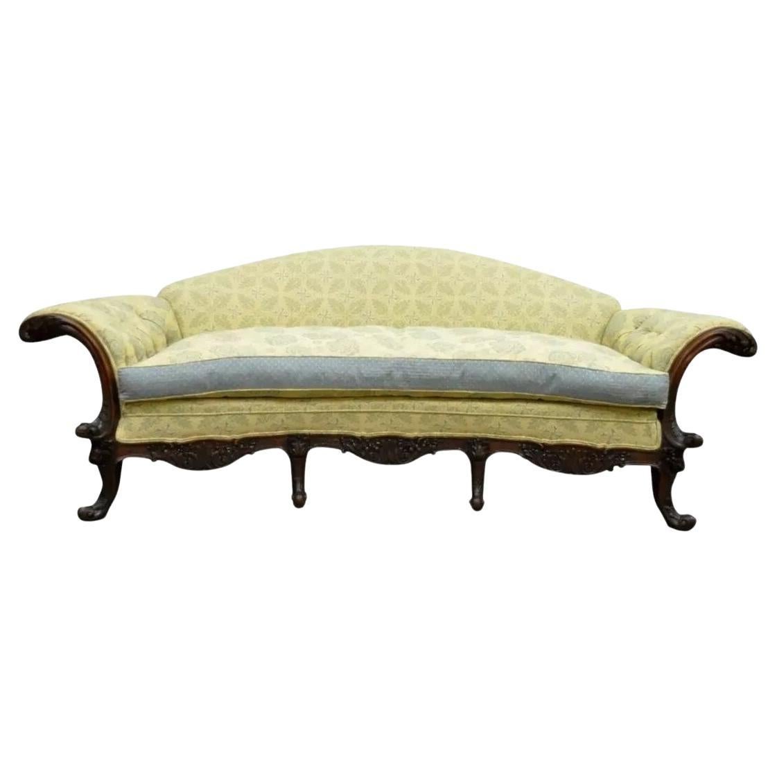 Antique 19th C. Georgian Style Rolled Arm Carved Mahogany Curved Frame Sofa