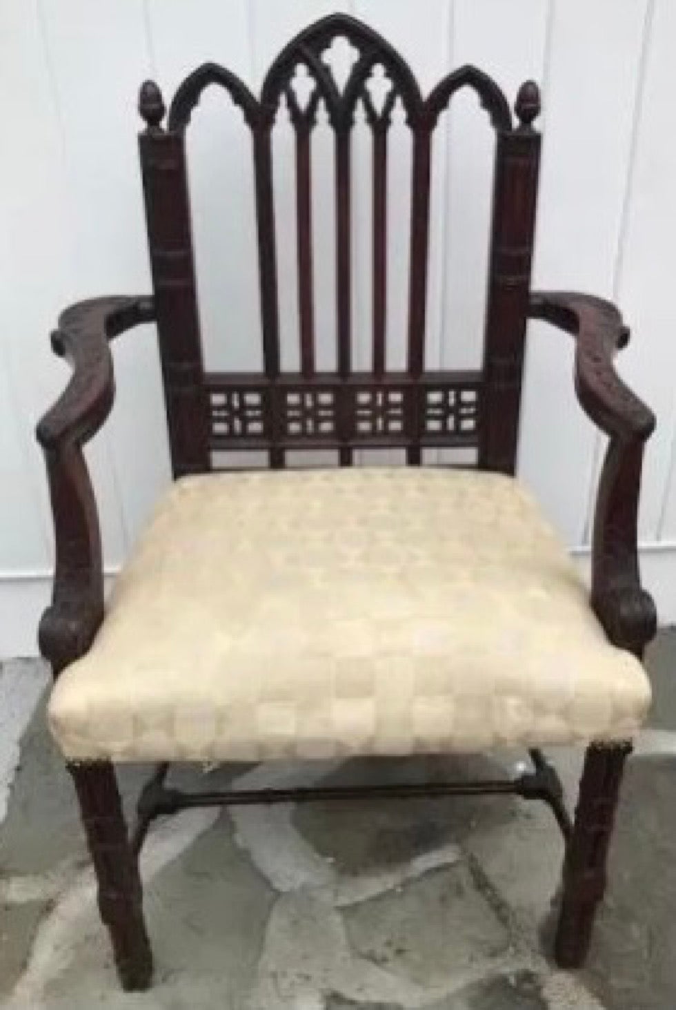 Antique 19th C Gothic Revival Carved Armchair. Mahogany tone frame with Neo Gothic design.
Hand Carved and Superb Condition Antique Gothic Revival Armchair Chair
 The backsplat has an open fretwork design of arched lancets and cross motifs