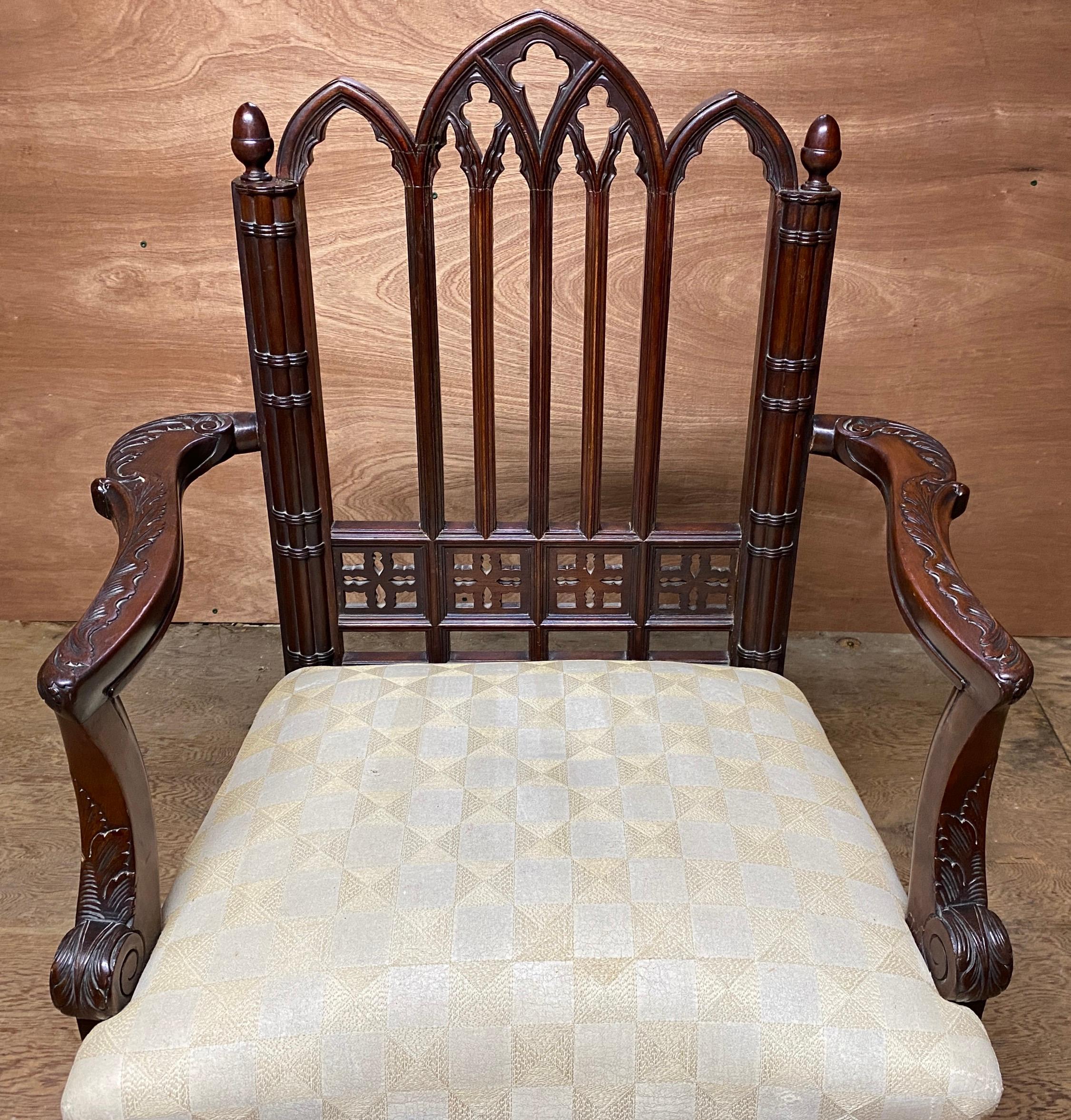 Wood Antique 19th C Gothic Revival Carved Armchair For Sale