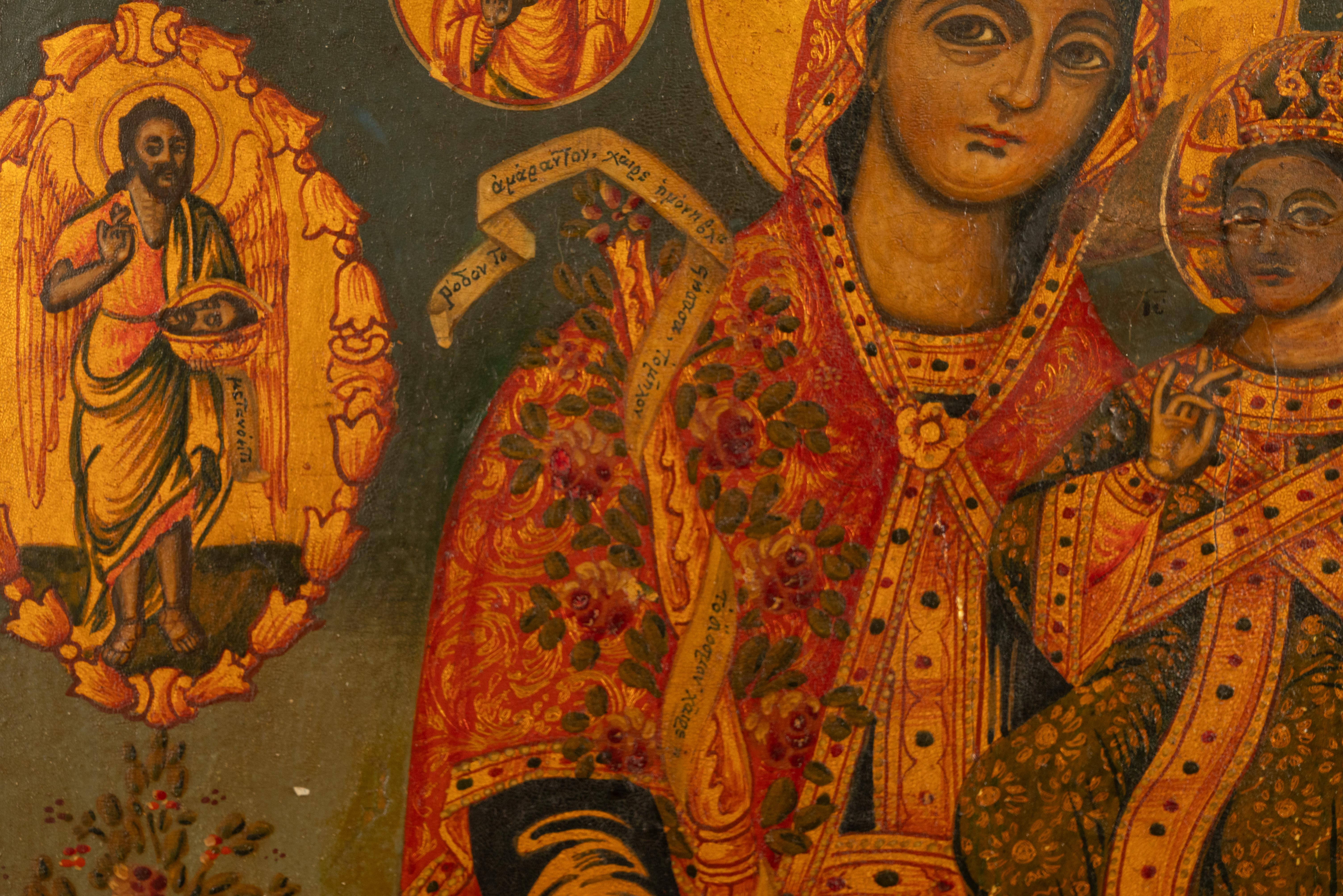 Antike griechisch-orthodoxe Ikone aus dem 19. Jahrhundert Jungfrau Maria und Jesus, St. Georg und Drache 1800 im Angebot 2