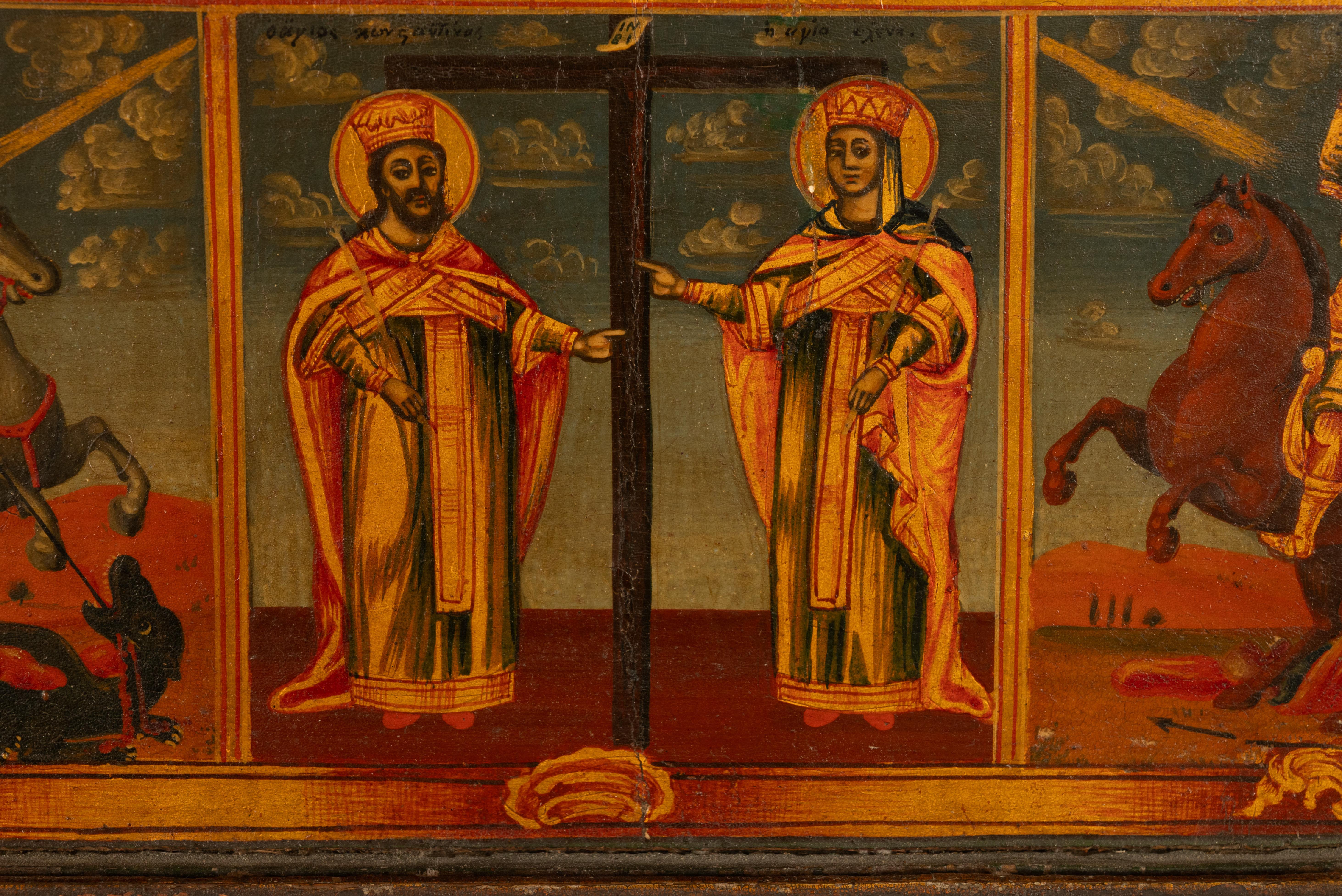 Antike griechisch-orthodoxe Ikone aus dem 19. Jahrhundert Jungfrau Maria und Jesus, St. Georg und Drache 1800 im Angebot 7