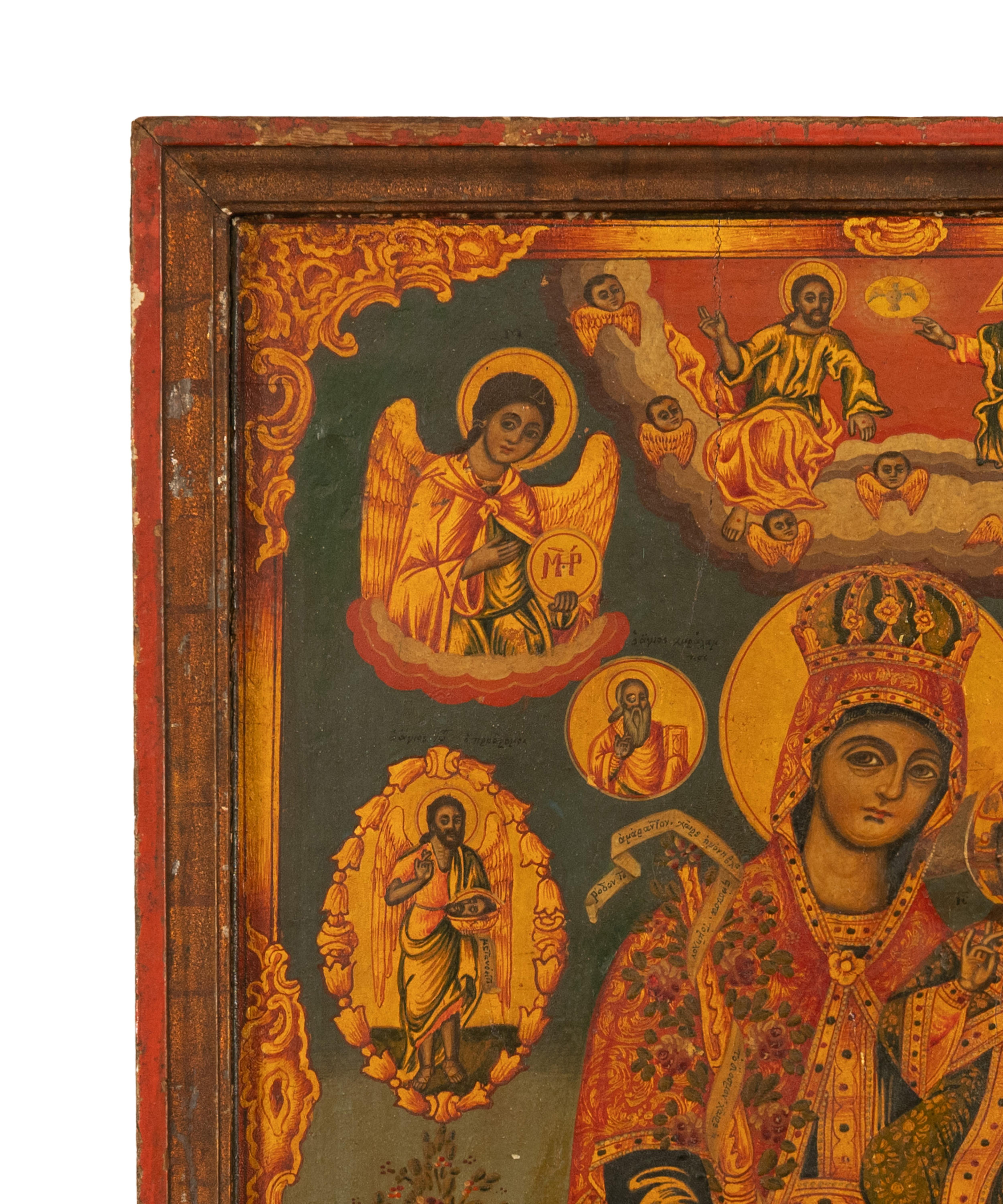 Antike griechisch-orthodoxe Ikone aus dem 19. Jahrhundert Jungfrau Maria und Jesus, St. Georg und Drache 1800 (Neoklassisch) im Angebot