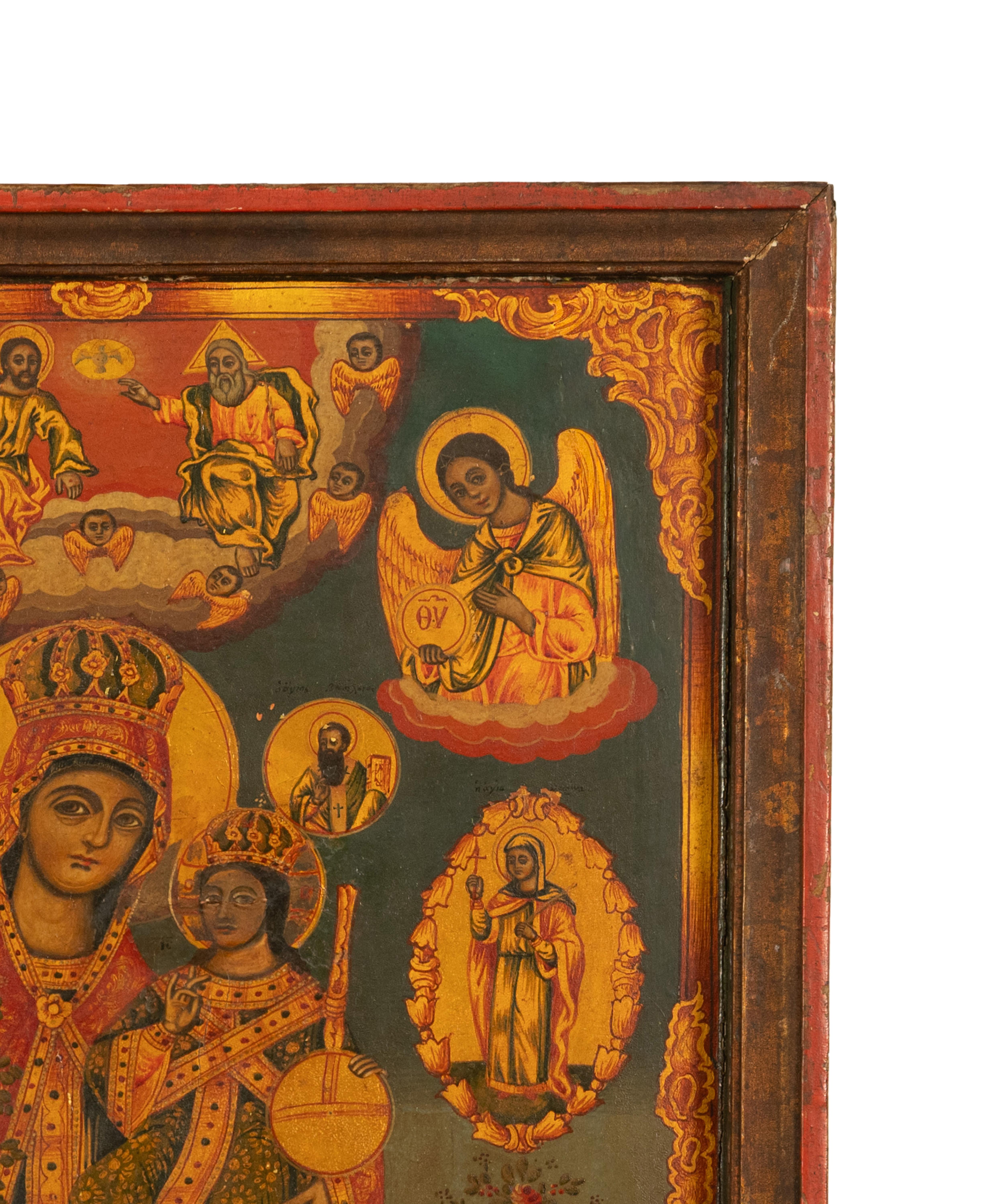 Antike griechisch-orthodoxe Ikone aus dem 19. Jahrhundert Jungfrau Maria und Jesus, St. Georg und Drache 1800 (Griechisch) im Angebot