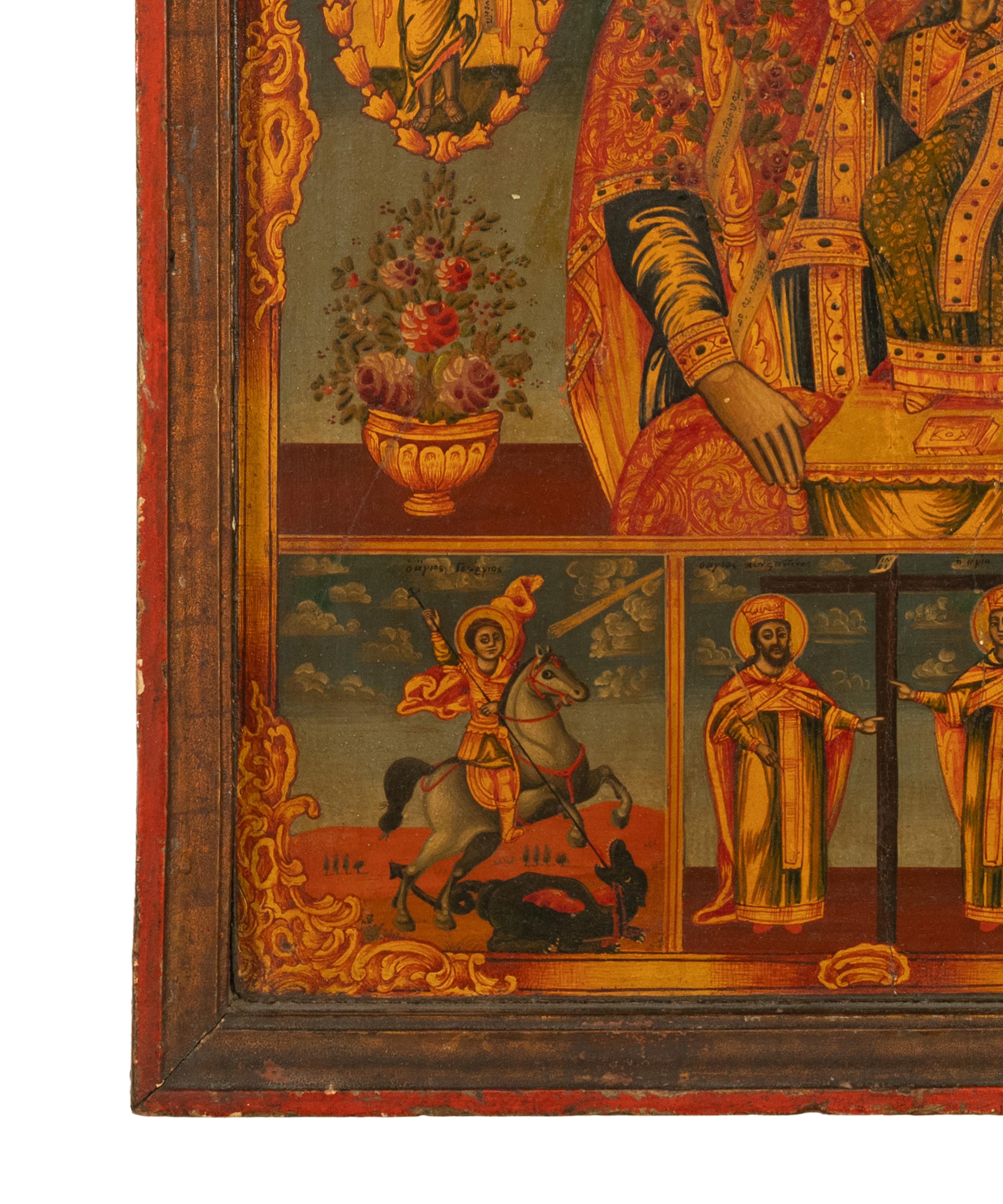 Antike griechisch-orthodoxe Ikone aus dem 19. Jahrhundert Jungfrau Maria und Jesus, St. Georg und Drache 1800 (Vergoldet) im Angebot