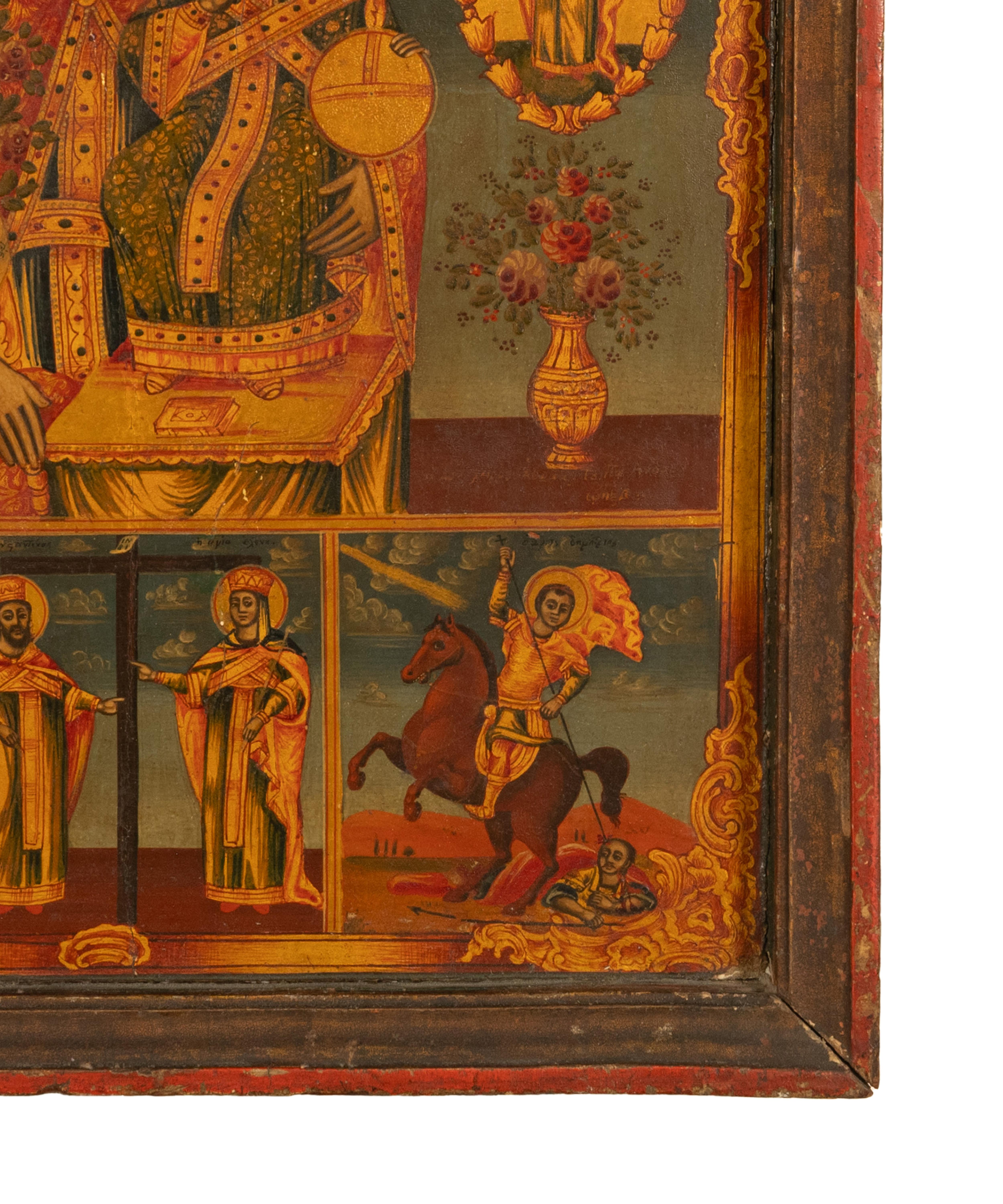 Antike griechisch-orthodoxe Ikone aus dem 19. Jahrhundert Jungfrau Maria und Jesus, St. Georg und Drache 1800 im Zustand „Gut“ im Angebot in Portland, OR