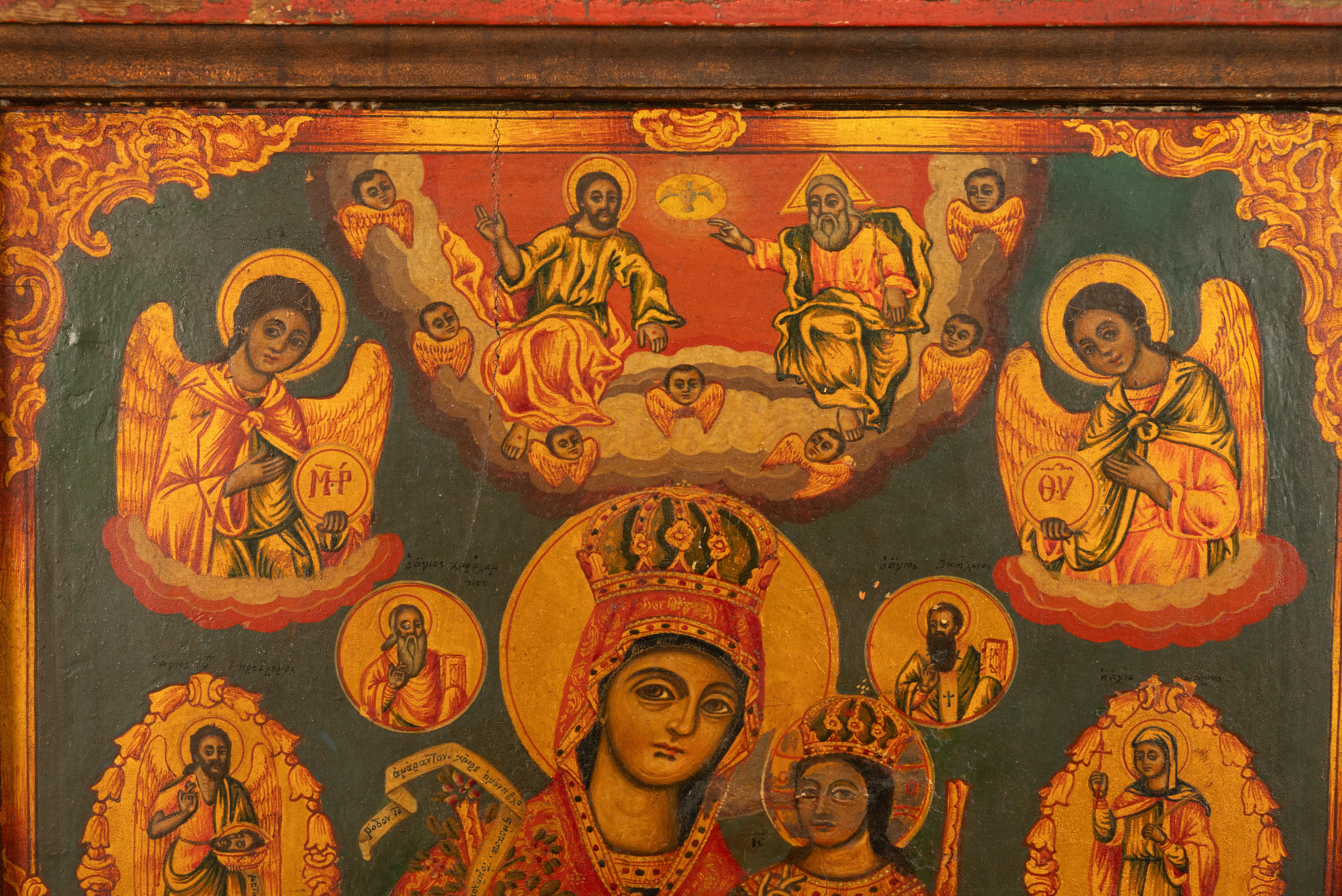 Antike griechisch-orthodoxe Ikone aus dem 19. Jahrhundert Jungfrau Maria und Jesus, St. Georg und Drache 1800 (Blattgold) im Angebot