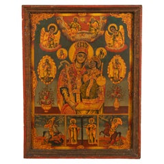 Antique 19th C Greek Orthodox Icon Virgin Mary & Jesus St. George & Dragon 1800