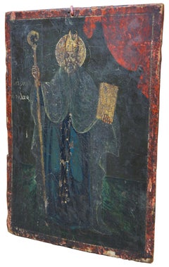 Antique Hand Painted Christian Icon on Board Saint Patrick Wood Panel