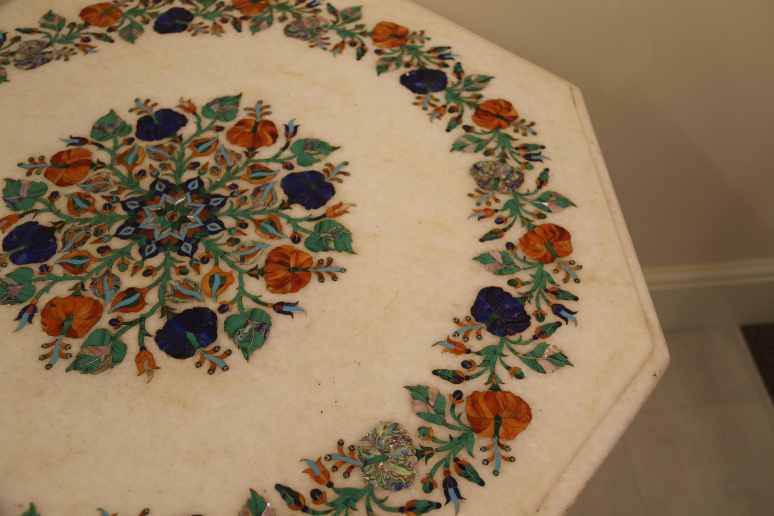 Antique Indian Marble-Topped Occasional Table with Pietra Dura Decoration For Sale 2