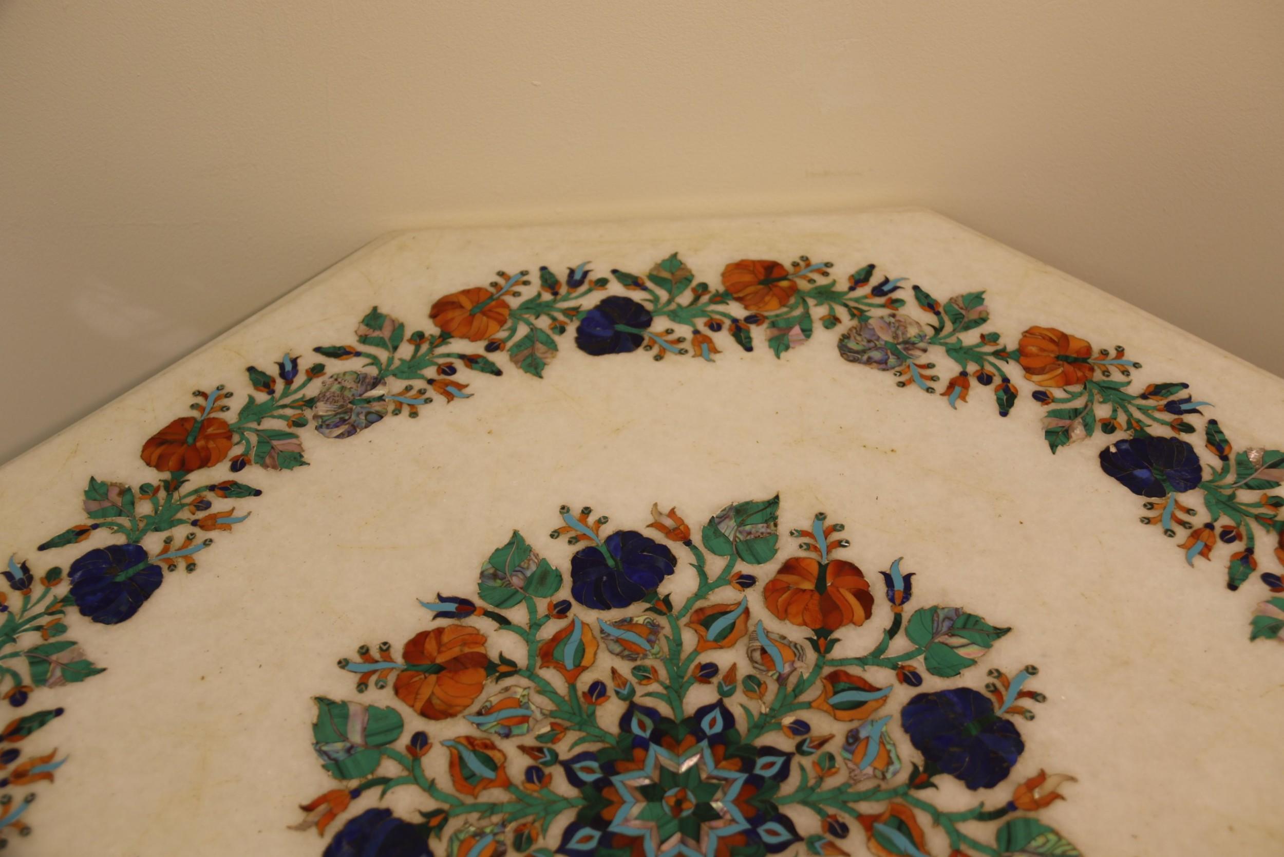 Antique Indian Marble-Topped Occasional Table with Pietra Dura Decoration For Sale 3