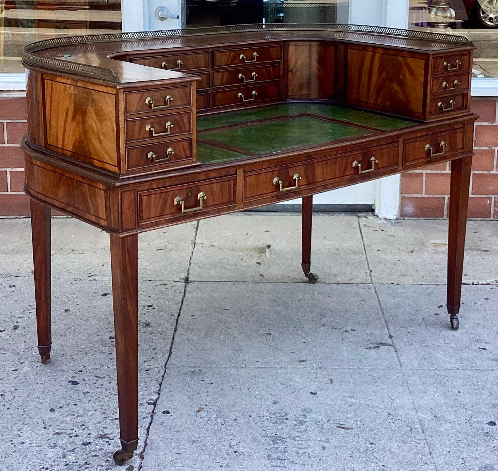 Antique 19th C Inlaid Mahogany Leather Top Carlton House Desk.