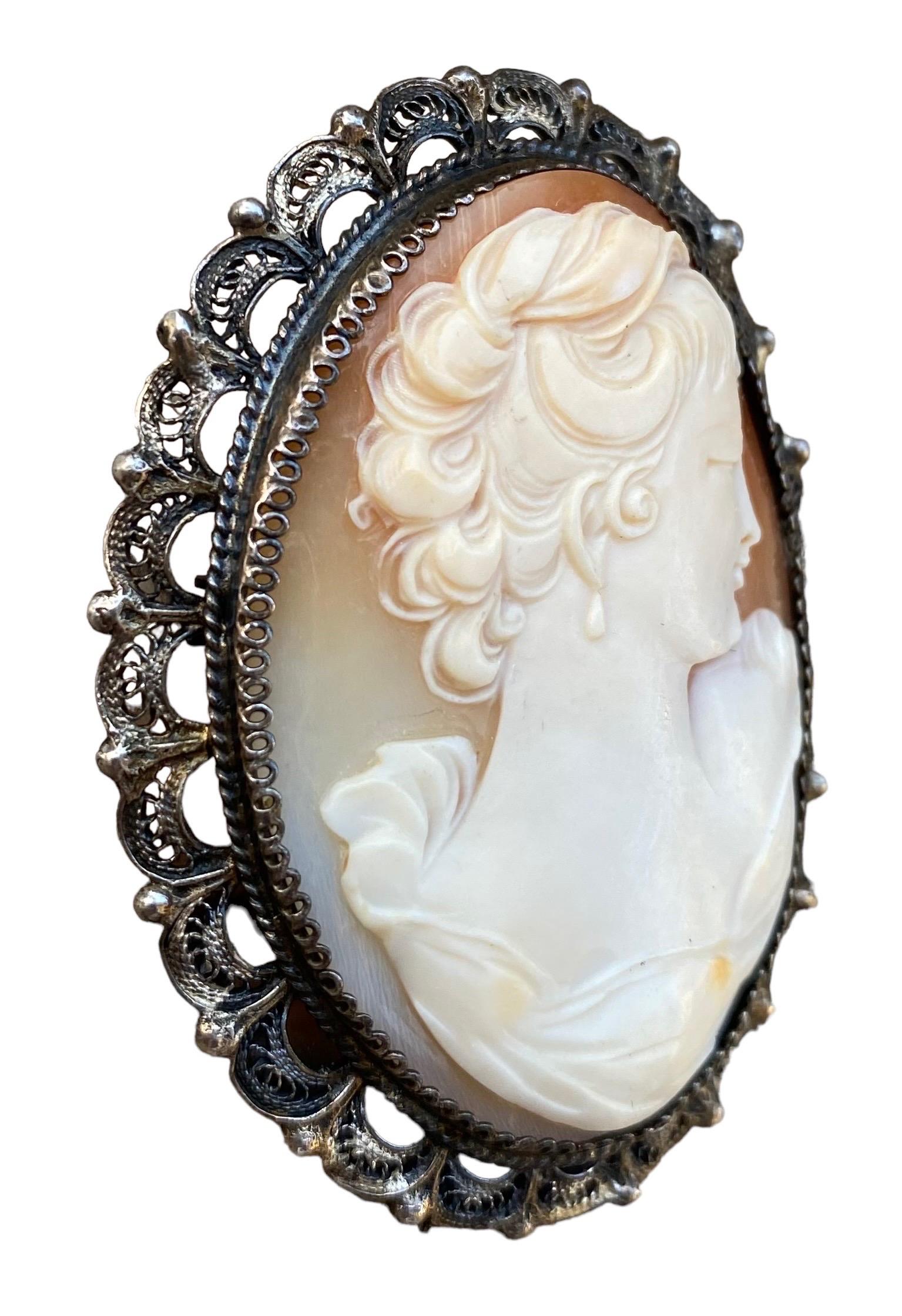 Hand-Carved Antique 19th C. Italian Cameo in Silver Filagree Setting