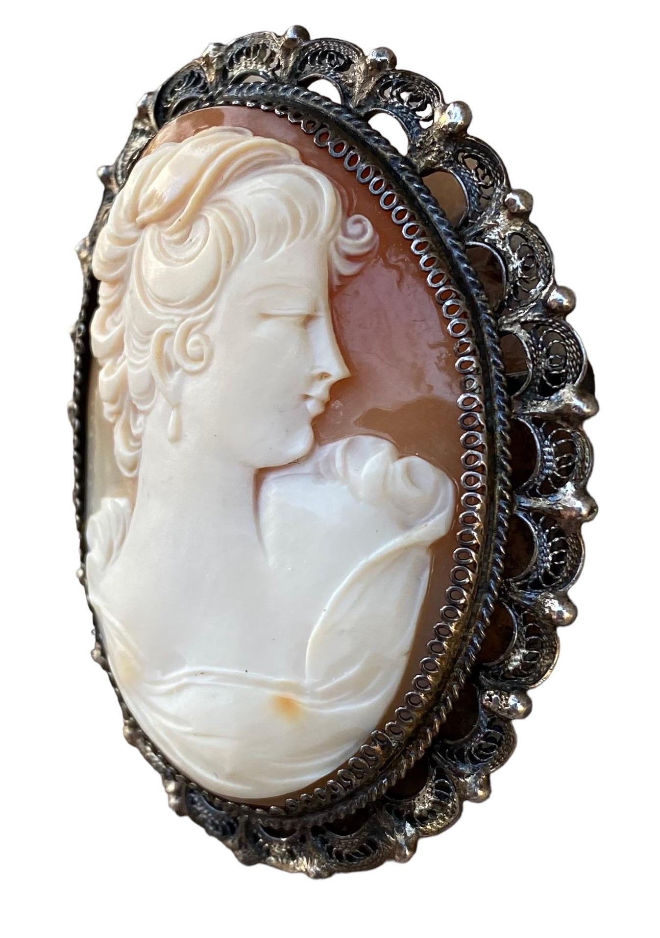 Sterling Silver Antique 19th C. Italian Cameo in Silver Filagree Setting