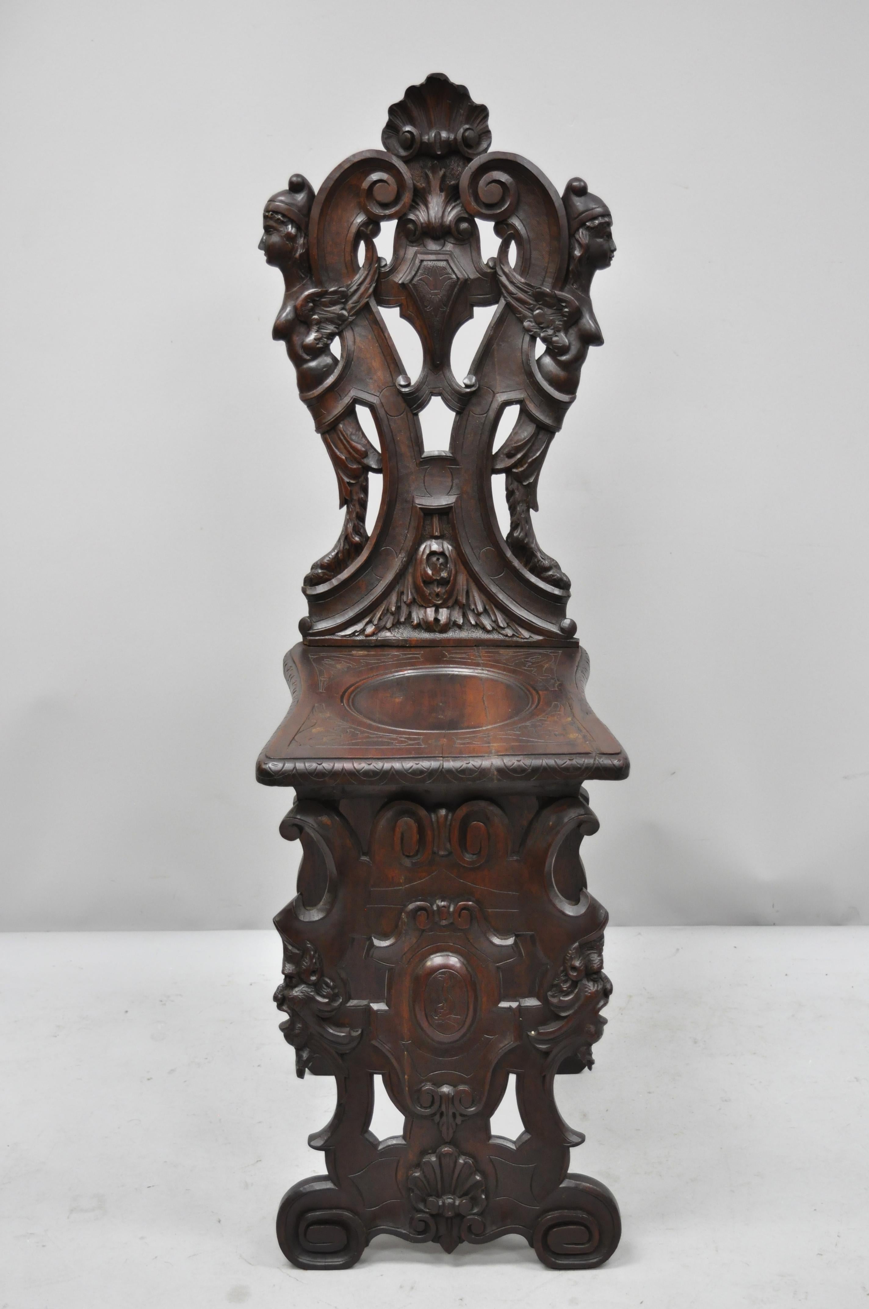 19th Century Italian Carved Walnut Figural Sgabello Chair with Winged Maidens 7