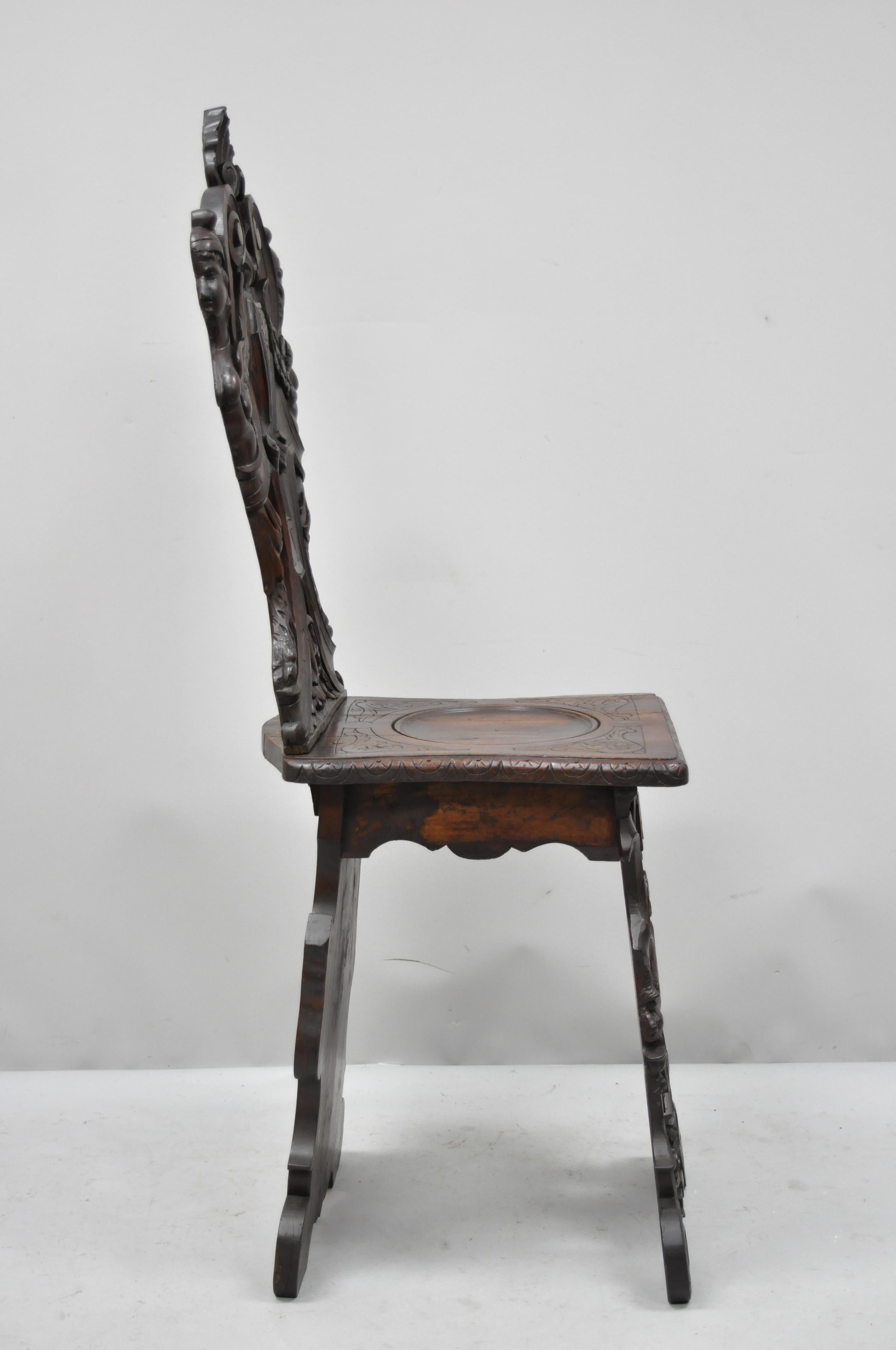 Gothic 19th Century Italian Carved Walnut Figural Sgabello Chair with Winged Maidens