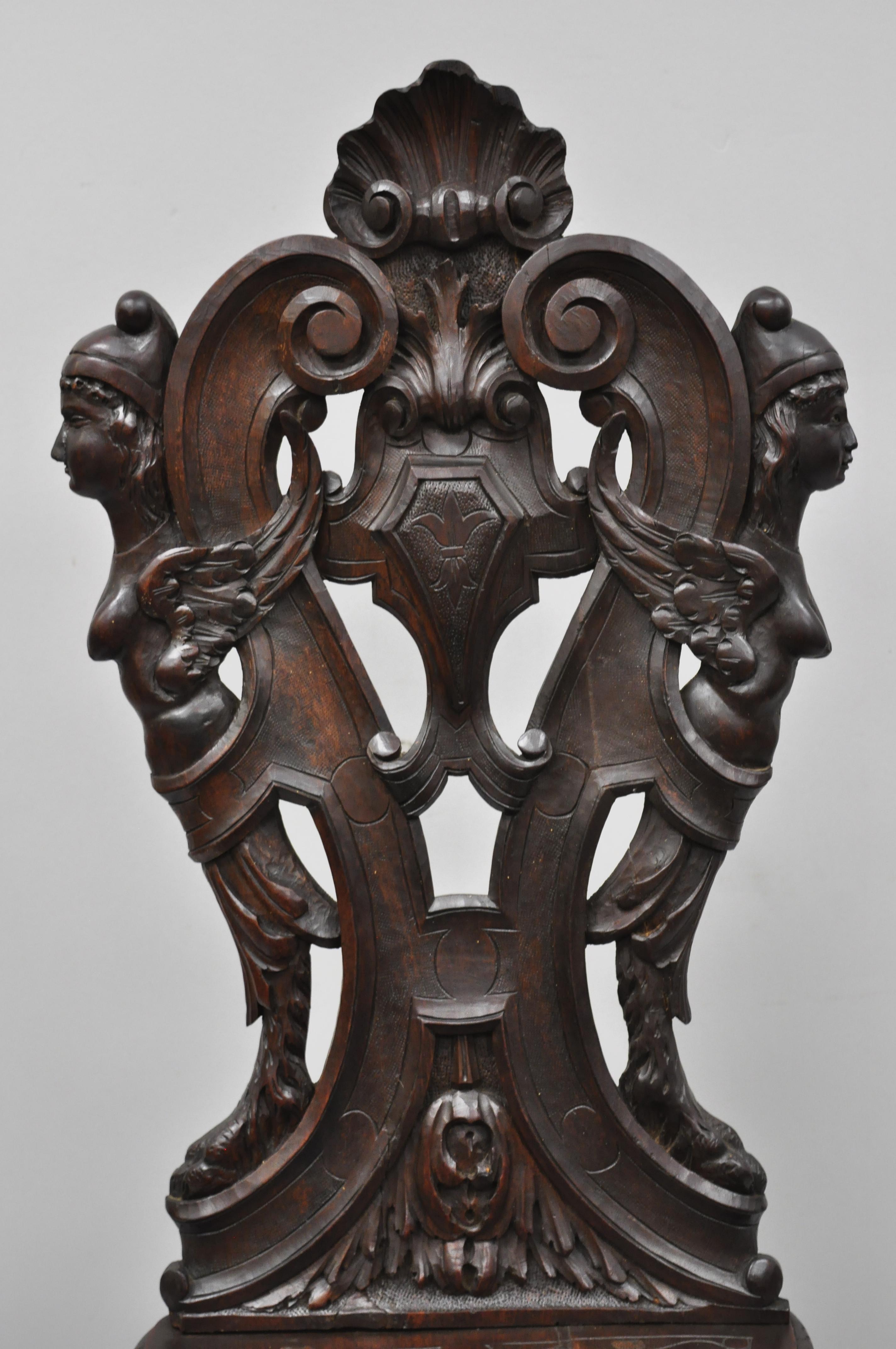 19th Century Italian Carved Walnut Figural Sgabello Chair with Winged Maidens In Good Condition In Philadelphia, PA